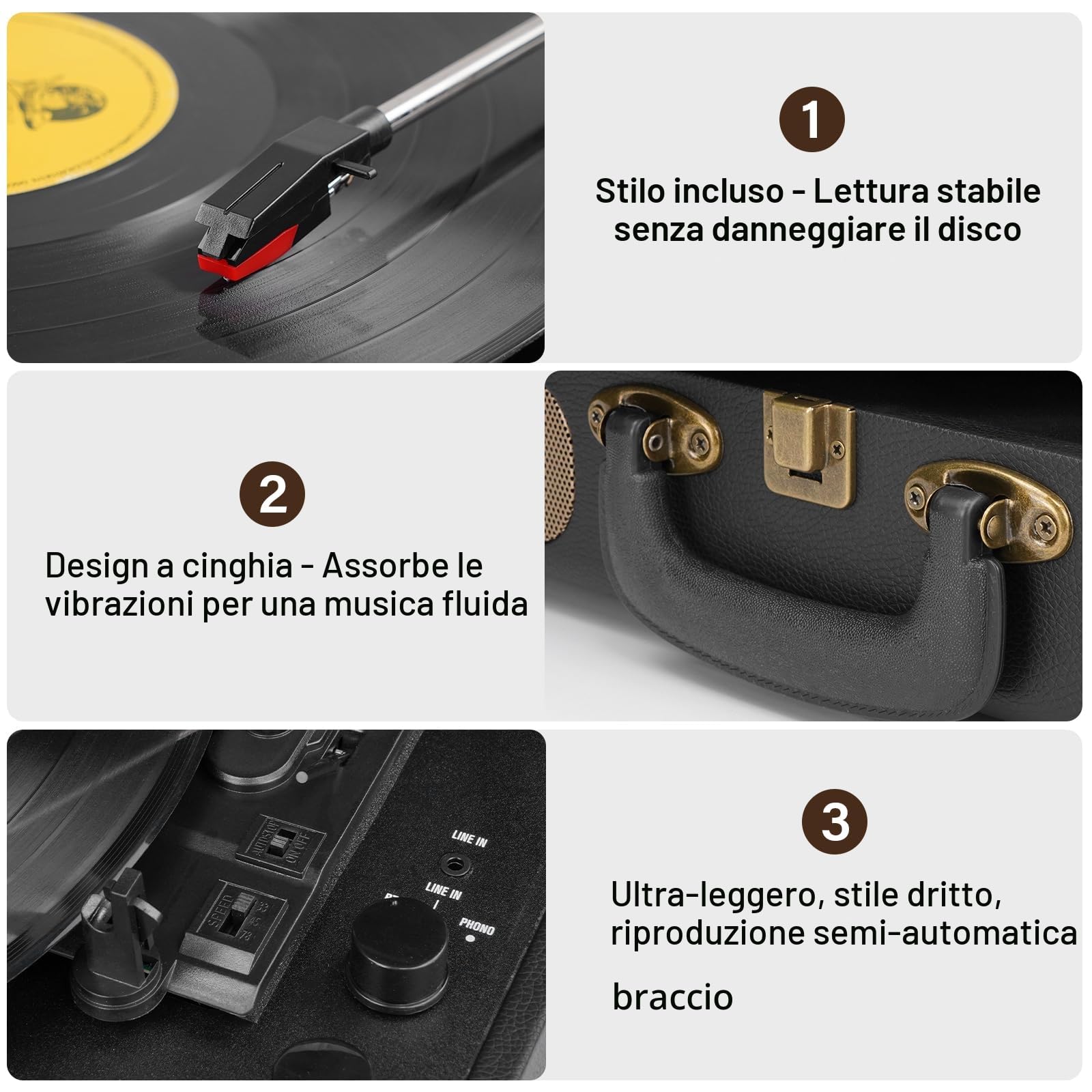 Giradischi in vinile Bluetooth portatile 3 velocità USB MP3 vintage valigia con altoparlanti integrati nero