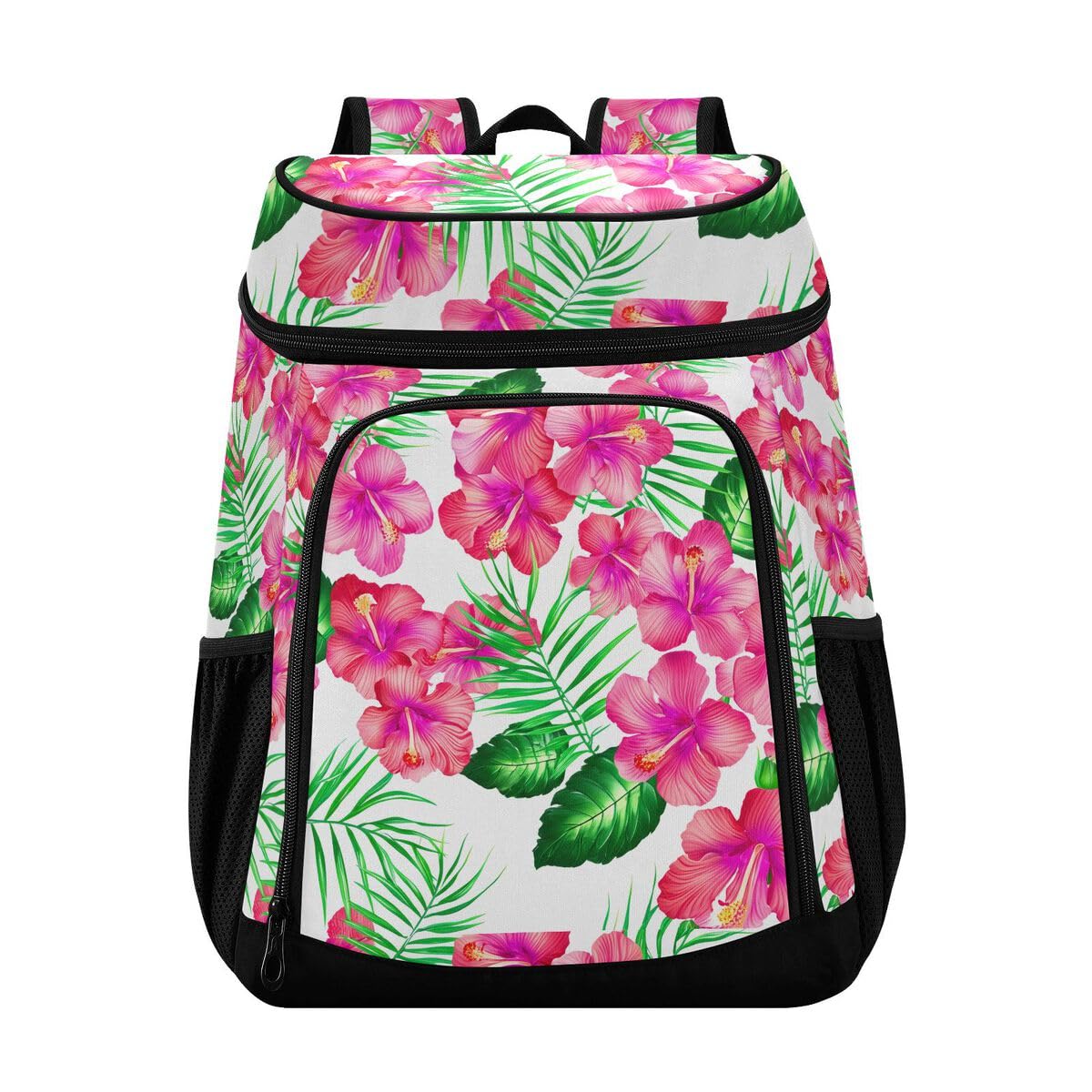 Hibiscus Palm Leaves White Cooler Backpack Leakproof Insulated Lunch Cooler Bag 30 Cans Camping Backpacks for Beach Road Trip Picnic