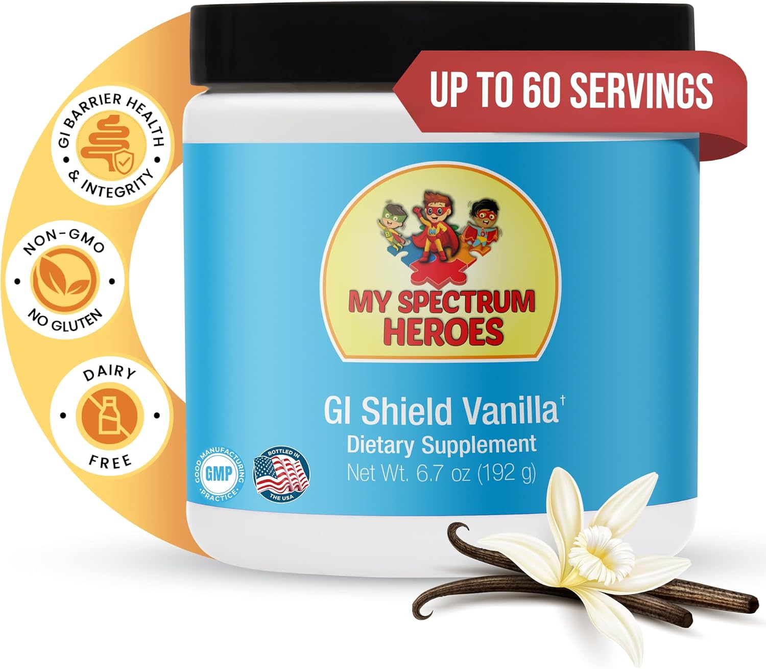 My Spectrum Heroes GI Shield Supplement – Supports Gut Barrier Health & Integrity, Brain-Gut Connection with High-Dose L-Glutamine, DGL Licorice Root, Aloe Vera Extract & Zinc, Vanilla, 30 Servings