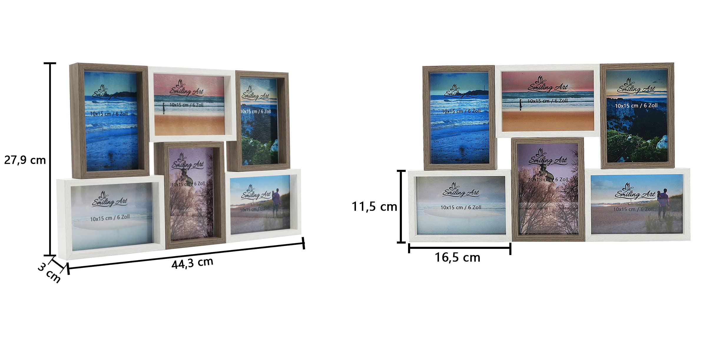 Bilderrahmen Fotorahmen Collage für 6 Fotos, Foto Collage aus MDF Holz mit Glas (Weiß+Dunkelbraun, 6x10x15 cm)