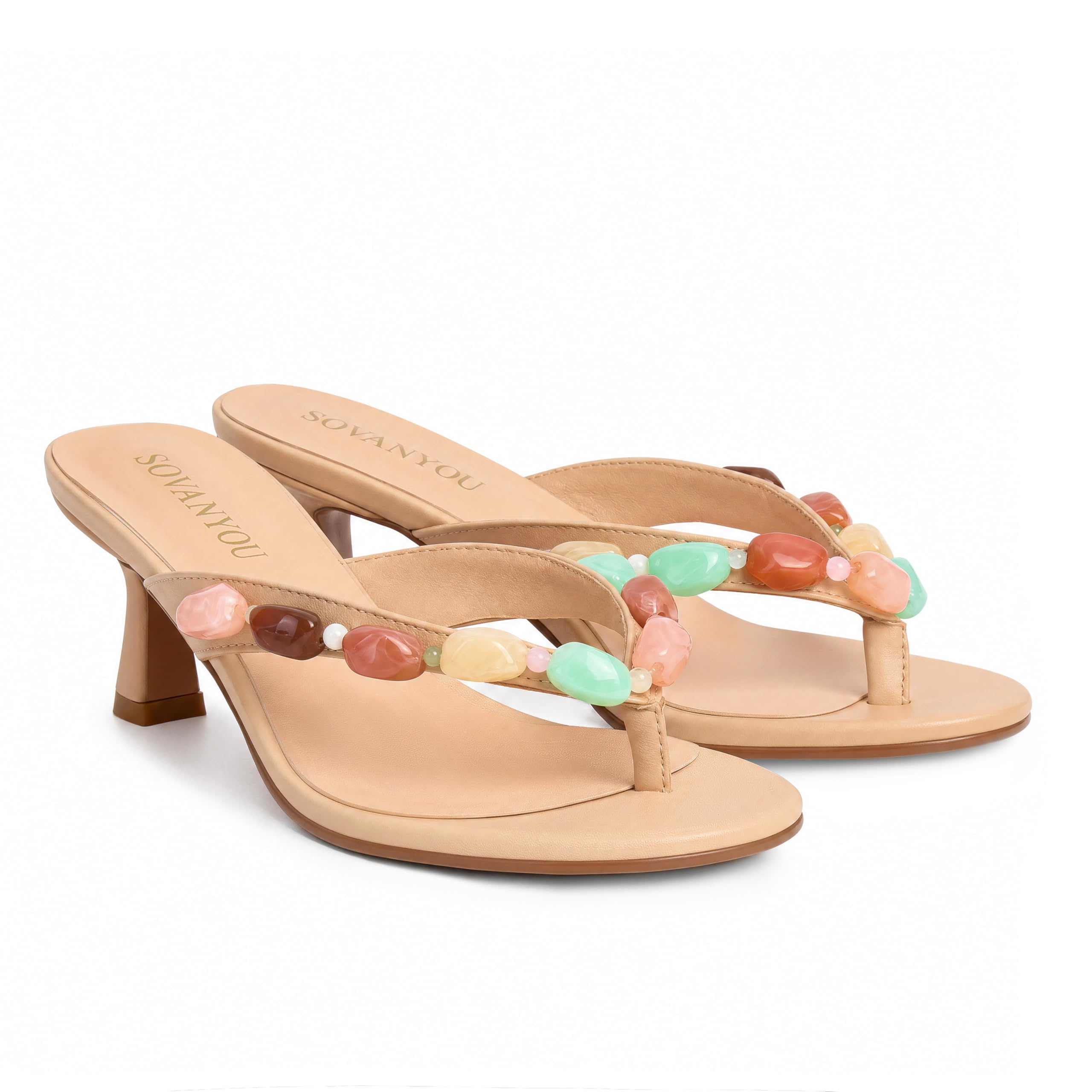 Womens Jeweled Kitten Heels Slip On Beaded Flip Flop Heels