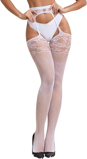 ohyeah Suspender Pantyhose for Women Pattern Lace Fishnet Tights Thigh High Stockings with Garter Black Fishnet Leggings