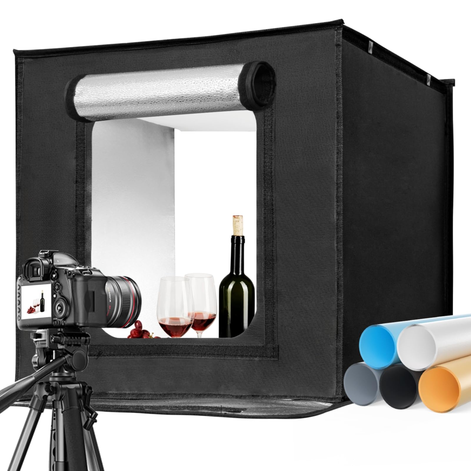 EMART Light Box Fotografia 60cm/24x24 pollici dimmerabile Photo Box con 5 prodotti ftotografia fondali & 3 colori luce per alimenti, gioielli, fotografia di prodotti da studio