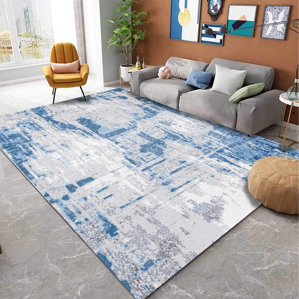 Tapis bleu gris antidérapant et rectangulaire pour salon et cuisine