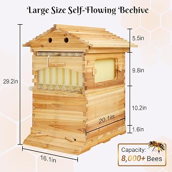 Bee hive,Starter Kit Include 7 Auto Frame Natural Wood Bee Hives Boxes with Observation Windows and Self-Flow Device
