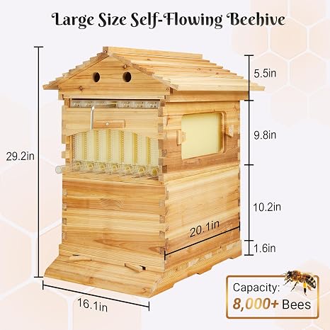 Bee hive,Starter Kit Include 7 Auto Frame Natural Wood Bee Hives Boxes with Observation Windows and Self-Flow Device
