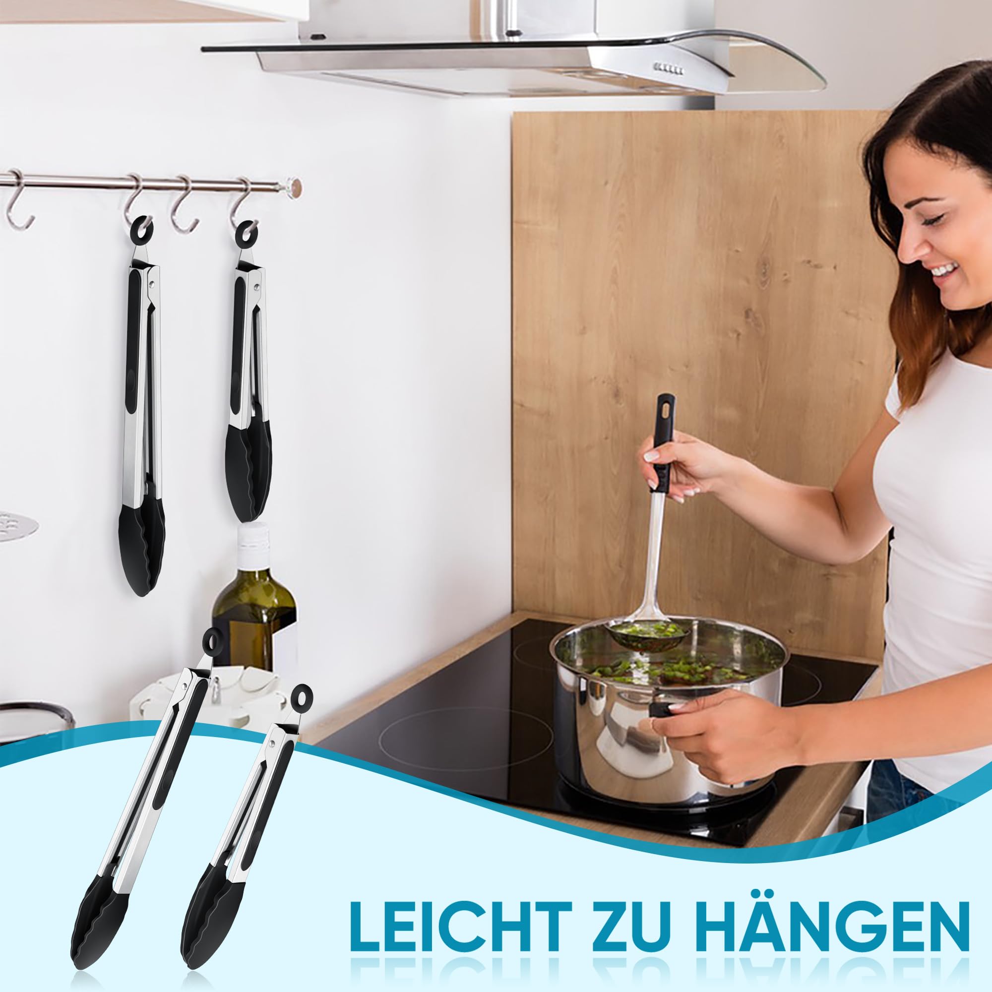 Joyfair Grilltang, 2 stuks, roestvrij staal, 34 cm en 26 cm, pastamtang met antislip siliconen punten en handgreep, hittebestendige vleestang voor barbecue, koken, bakken - zwart