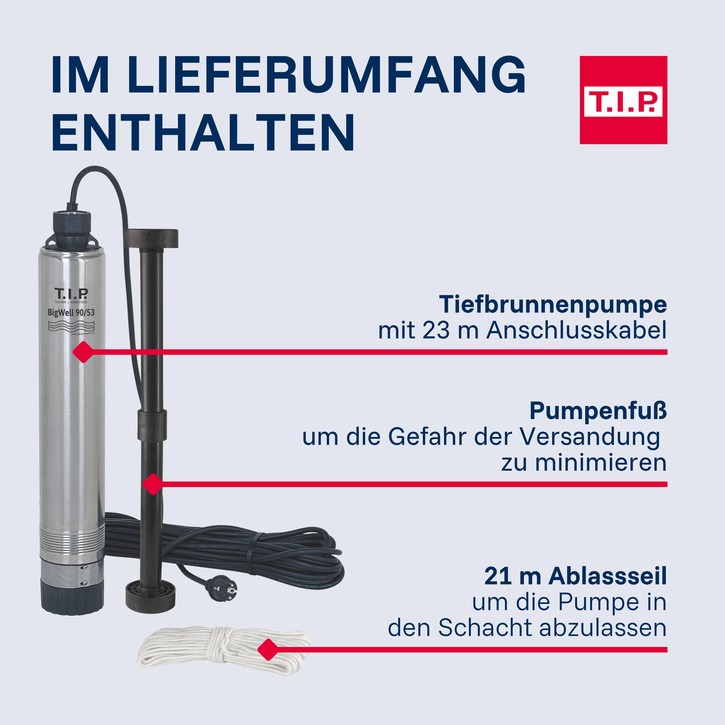 T.I.P. Brunnenpumpe - Tiefbrunnenpumpe Edelstahl (5.400l/h Fördermenge, 53m Förderhöhe, 5,3 bar Druck, sandresistent durch erweiterbaren Fuß, ab Brunnen Ø10cm, 20m Eintauchtiefe) BigWell 90-53, 30083