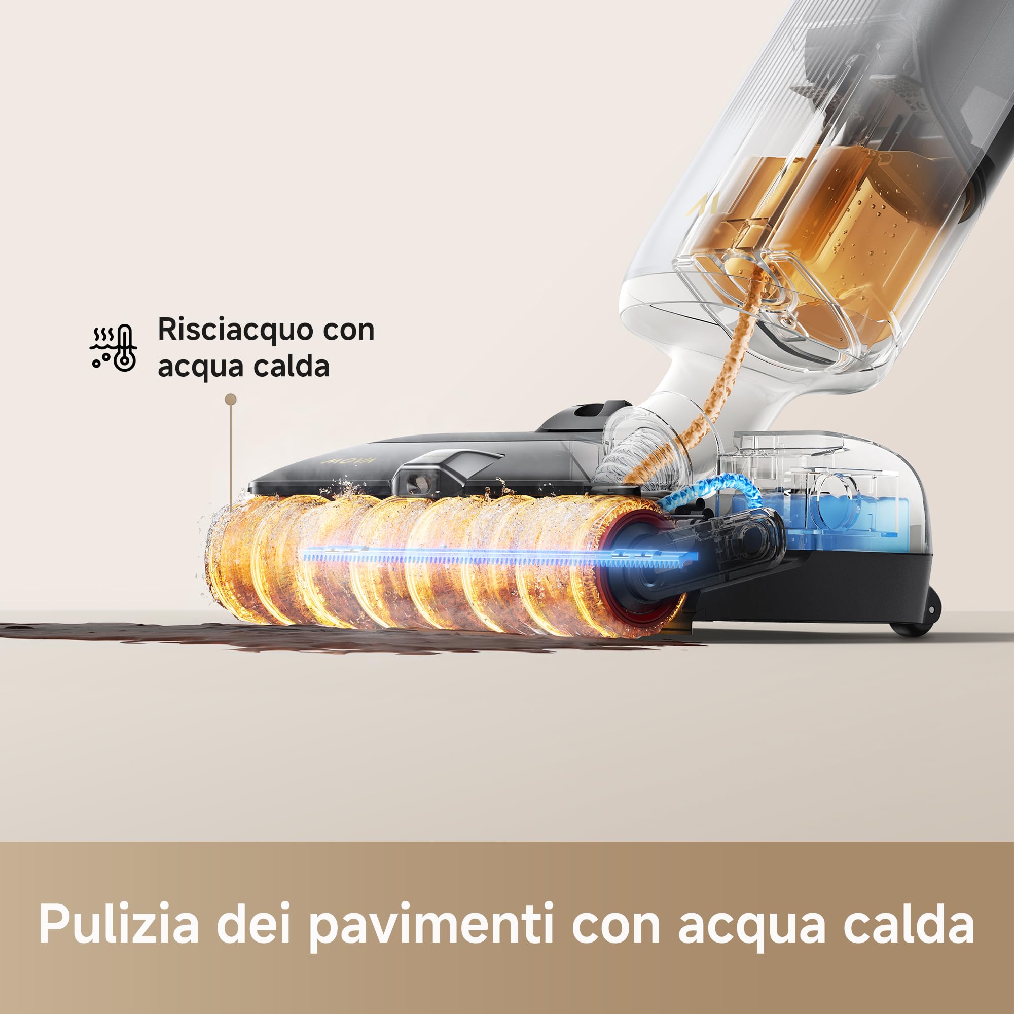Mova X4 Pro Aspirapolvere Lavapavimenti Senza Fili, 20000Pa, Design Piatto 180°, Lavaggio Acqua Calda 100 °C, Autopulente, Antigroviglio, Regolazione Automatica, Stazione di Ricarica