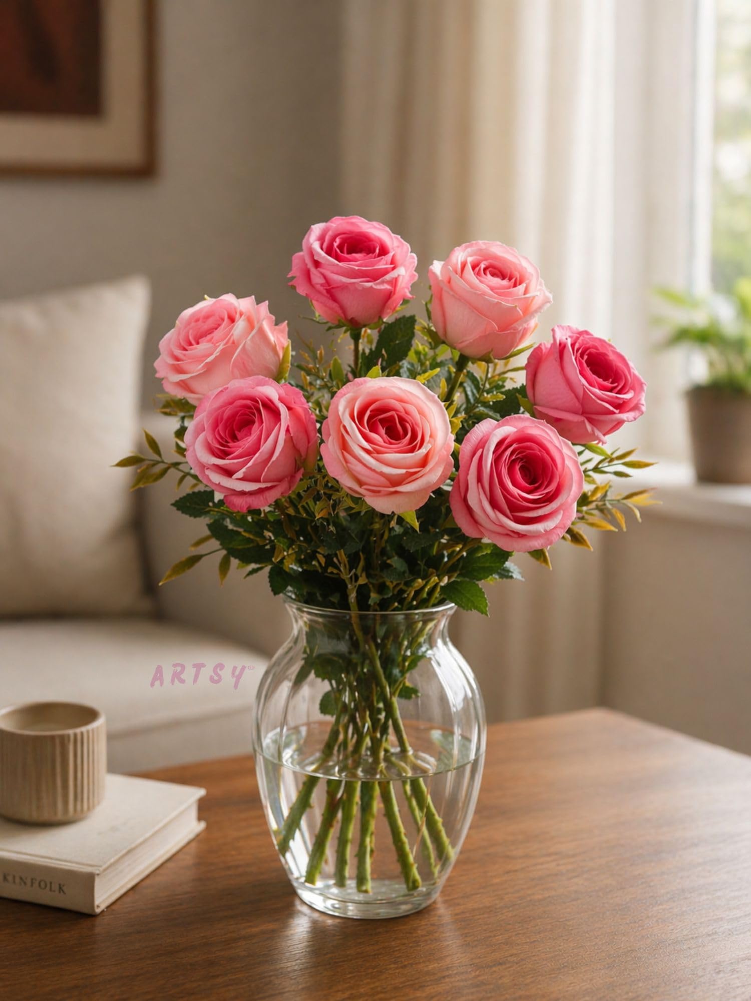 ARTSY® Artificial Flowers Bunch for Decoration Rose Flowers, Ideal for vase, Home, Office Decor, Gifts, Craft, Artificial Plants, Without vase, Blue, Combo, 1 Piece, Pink, 35 cm Height-image-36