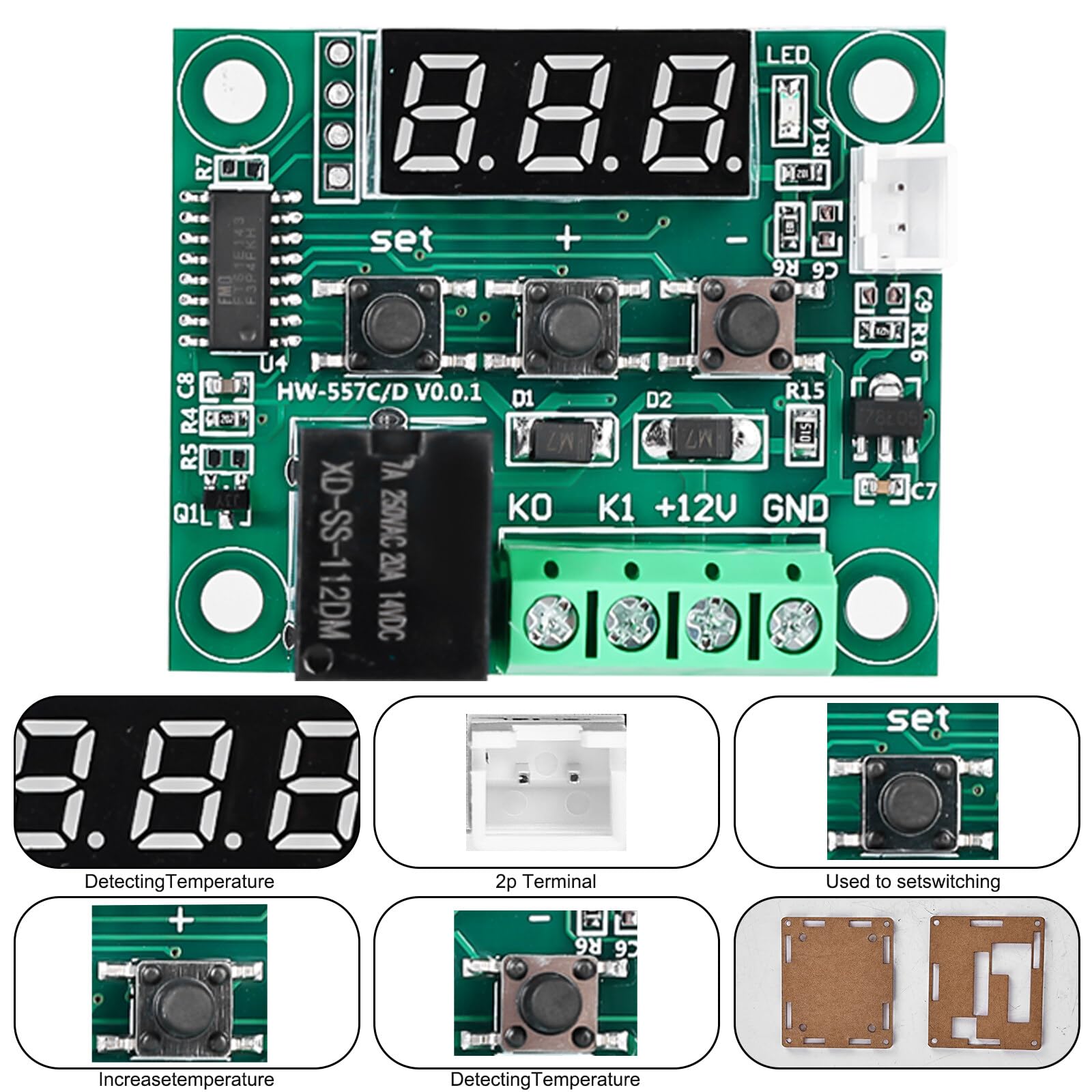 Produktbild von AITRIP 6x W1209 Thermostat-Modul 12V – Digitaler Temperaturregler Mit NTC-Sensor, -50 Bis 110°C, Wasserdichte Sonde, Acryl-Gehäuse