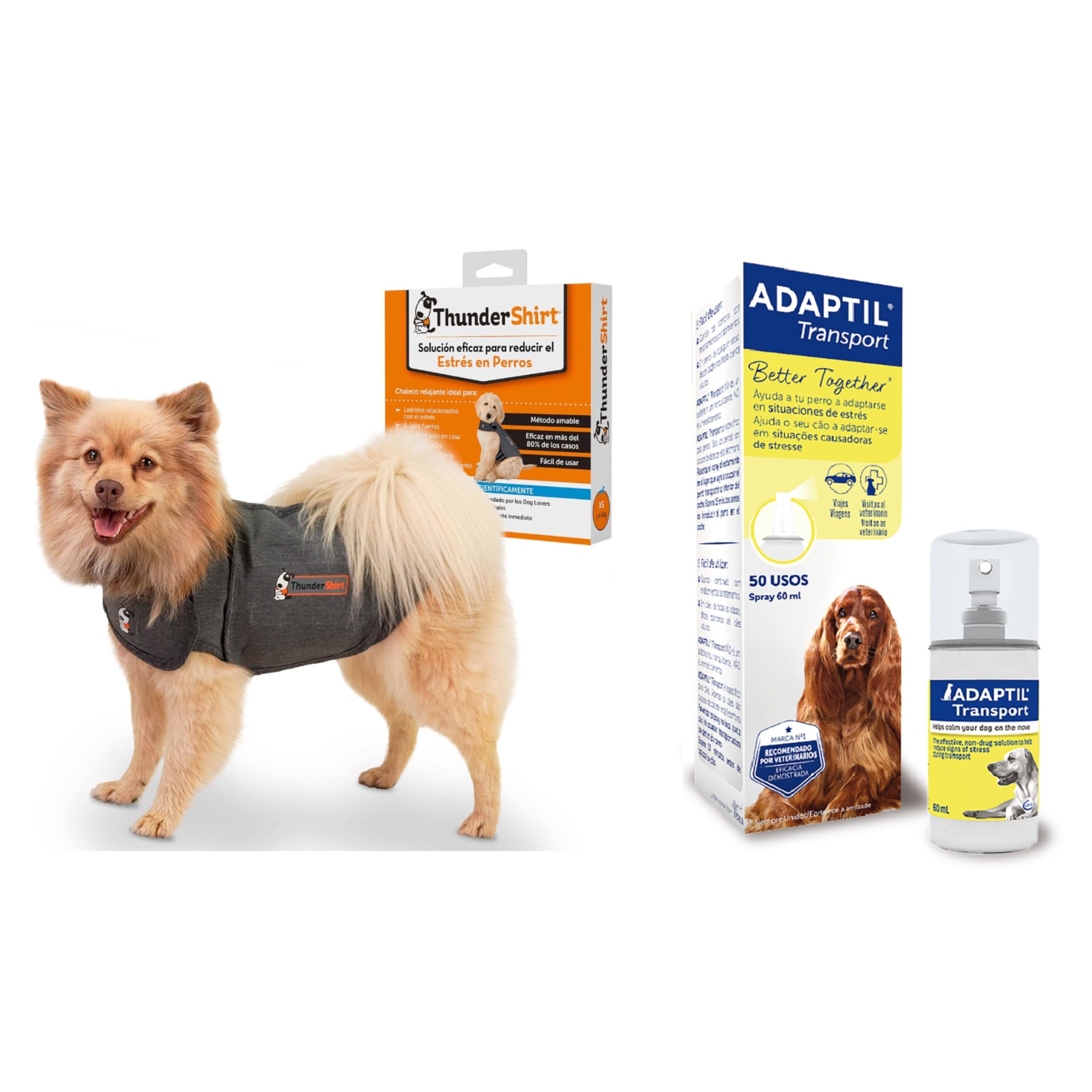 THUNDERSHIRT Pack Antiestrés para Perros XS + ADAPTIL Transport Spray 60ml - Chaleco Relajante + Spray Antiestrés - Ideal para Ansiedad por Separación, Miedo a los Ruidos, Tormentas y Viajes