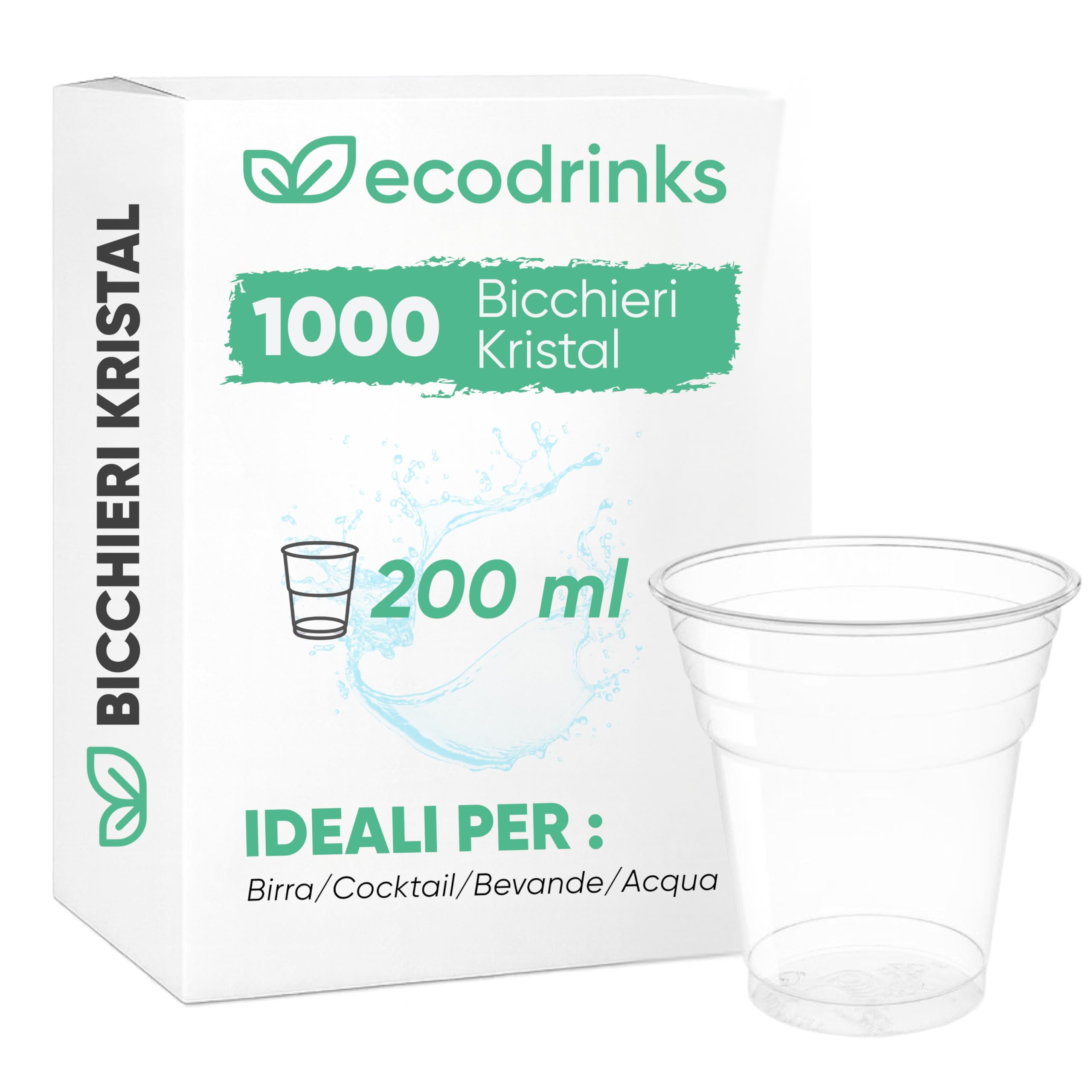 1000 Bicchieri Trasparenti Kristal da 200ml - Rigidi, Presa Sicura, Bordo Liscio Antischiuma - Per Acqua, Birra, Cocktail e Bibite Fredde o Tiepide