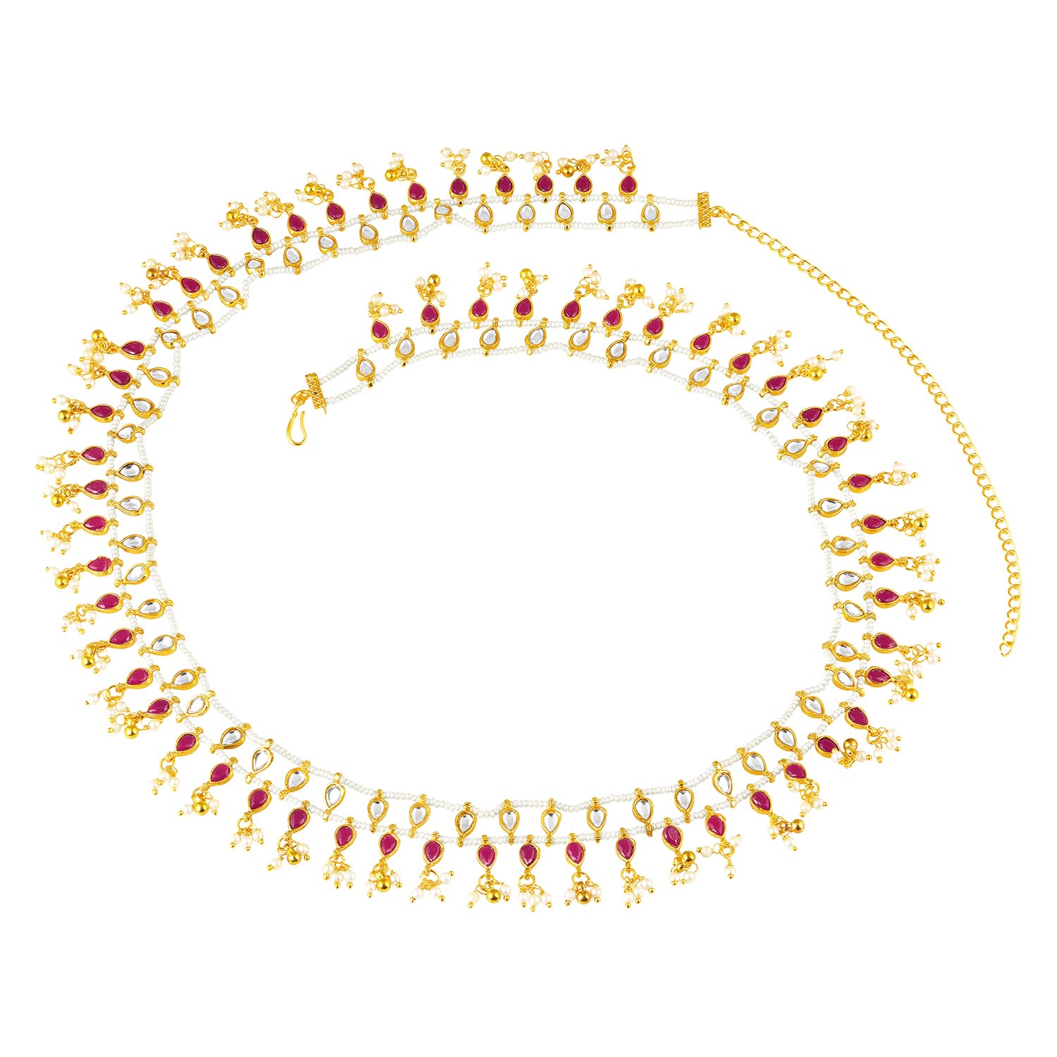 Gold Plated Rani Pink Faux Ruby Crystals & Beads Studded Ethnic Belly Chain Kamar Patta Kamar Bandh Jewellery for Women-image-27