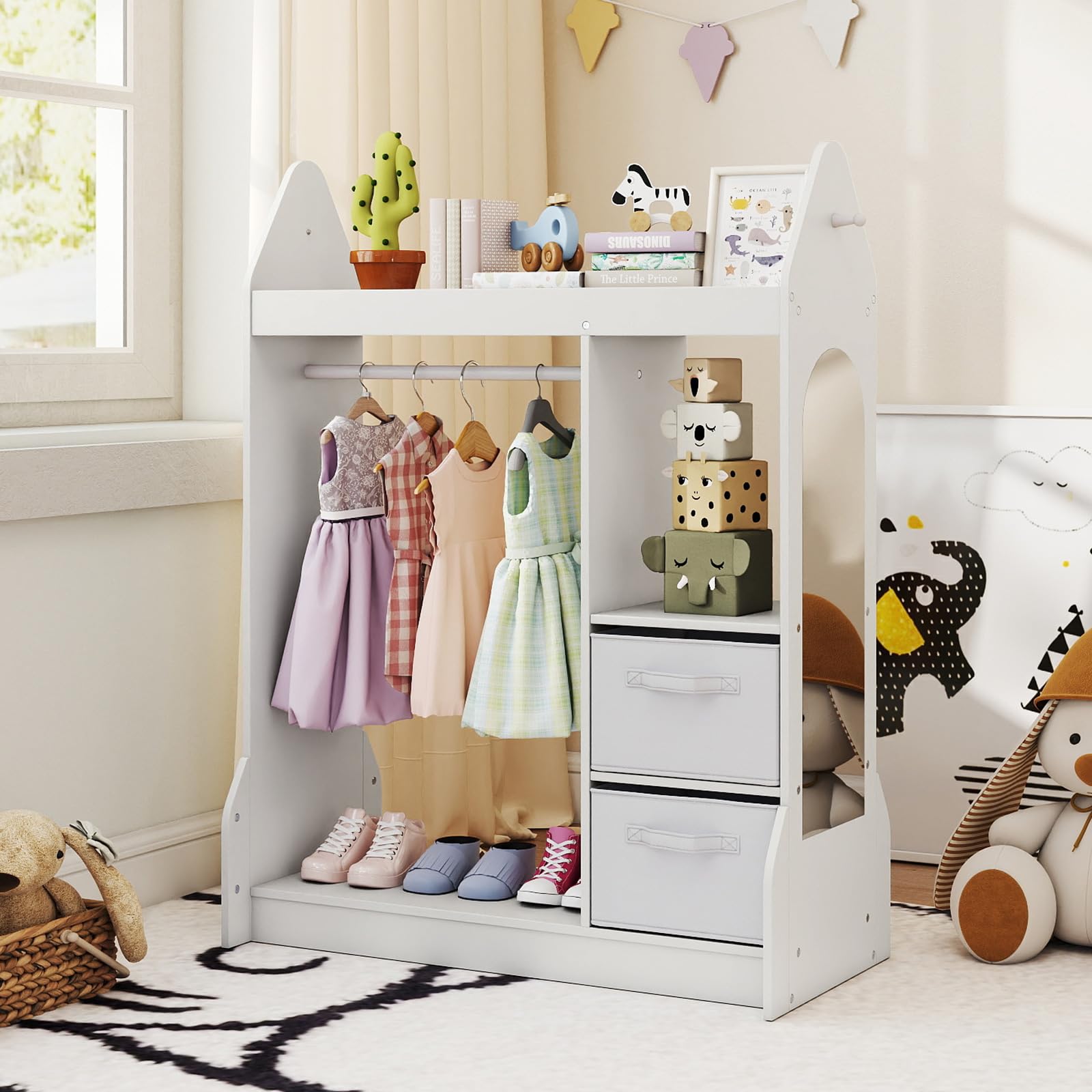 COSTWAY Portant à Vêtements Enfant avec Miroir en Acrylique & Cintre en Bois, Penderie Enfant avec 3 Étagères Ouvertes & 2 Bacs en Tissu, Garde-Robe pour Chambre d'enfant, 81x75x107 cm (Blanc)