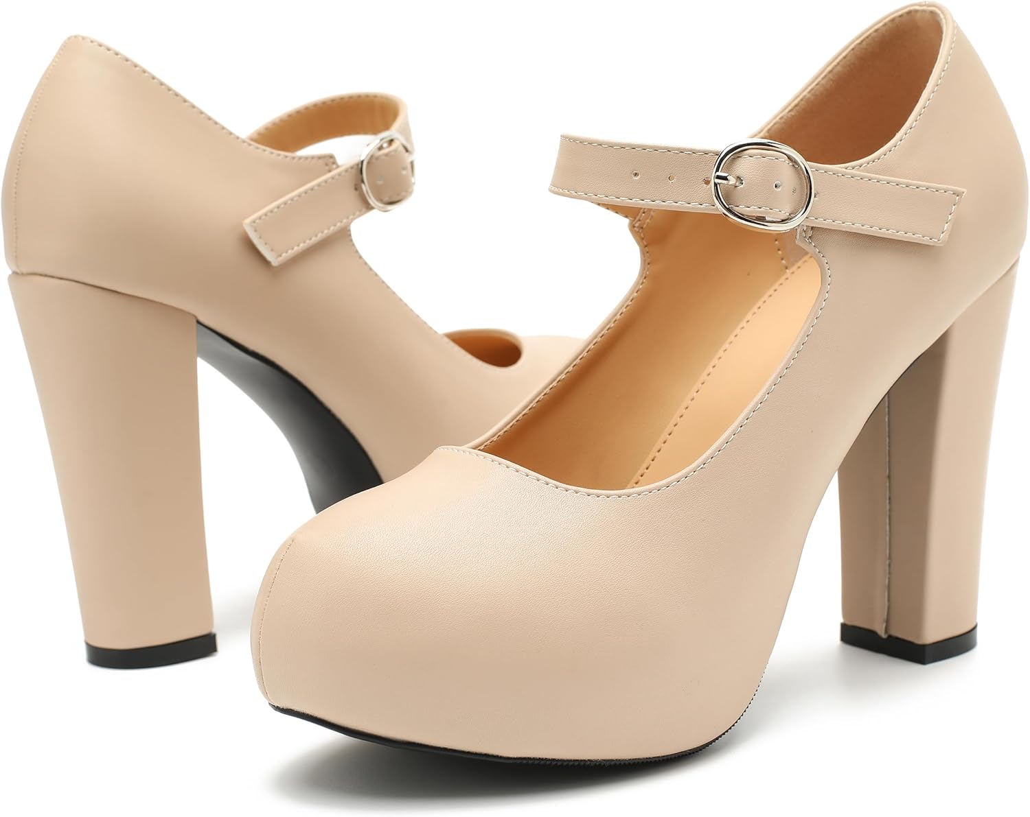 Women's Mary Jane Platform High Chunky Heels Closed Toe Ankle Strap Pumps Round Toe Comfortable Dress Shoes - Image 7