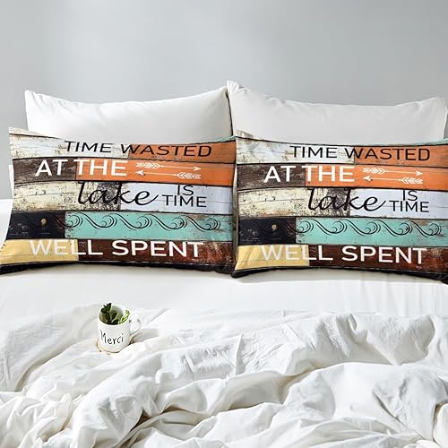 Miniatura 4 de Manfei Lake Cabin - Sábana bajera ajustable tamaño matrimonial, funda de cama de tablones de madera vintage con 2 fundas de almohada, juego de ropa