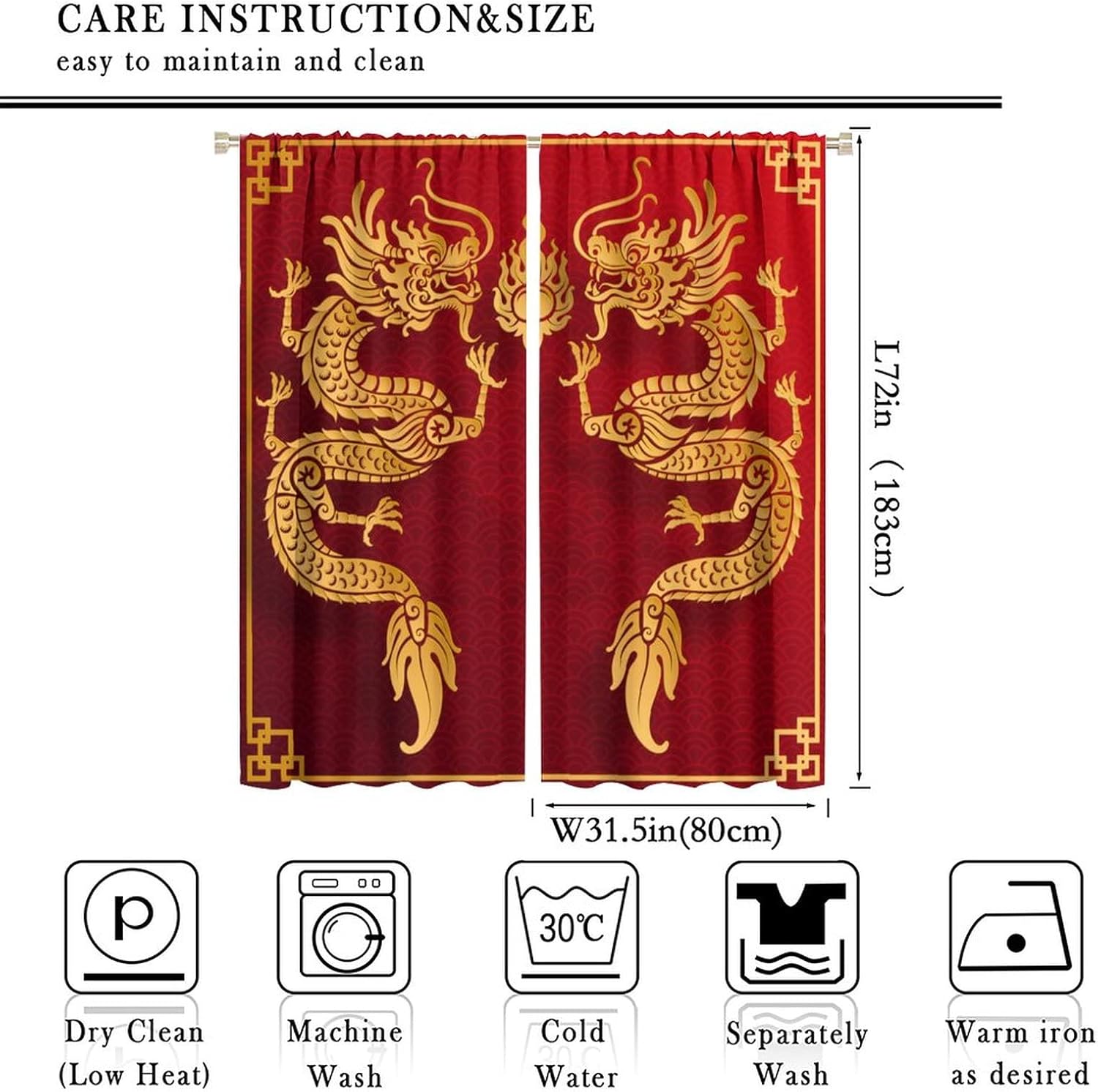 Golden Dragon Curtains Asian Tradition Elements Chinese Dragon Red Background Blackout Window Drapes Living Room 2 Panels 63x72in
