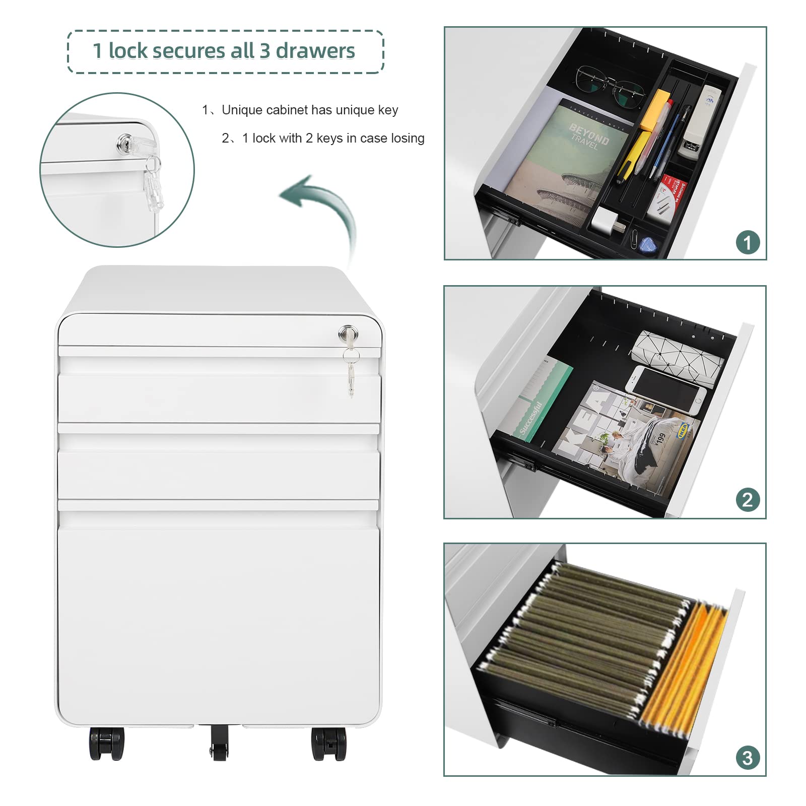 Dripex Metall Rollcontainer Stahl Rollcontainer mit 3 Schubladen und Hängeregistratur Abschließbarer Büroschrank Bürocontainer 5 Räder Aktenschrank 40 x 45 x 60 cm