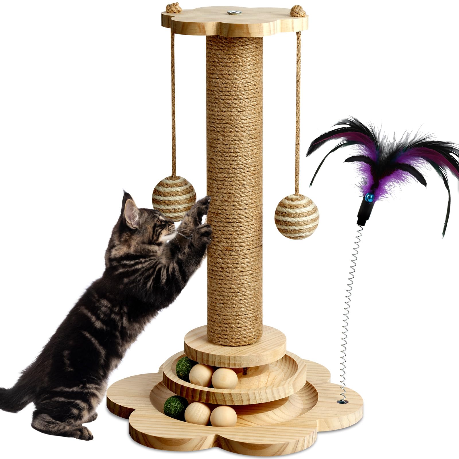 Vicloon Poteau Griffoir, 40cm Colonne à Griffer, Poteau Griffoir en Sisal 4 en 1, Griffoir pour Chat avec Boules en Bois, Boules en Sisal Suspendues, Plumes, pour Chat Facile à Assembler