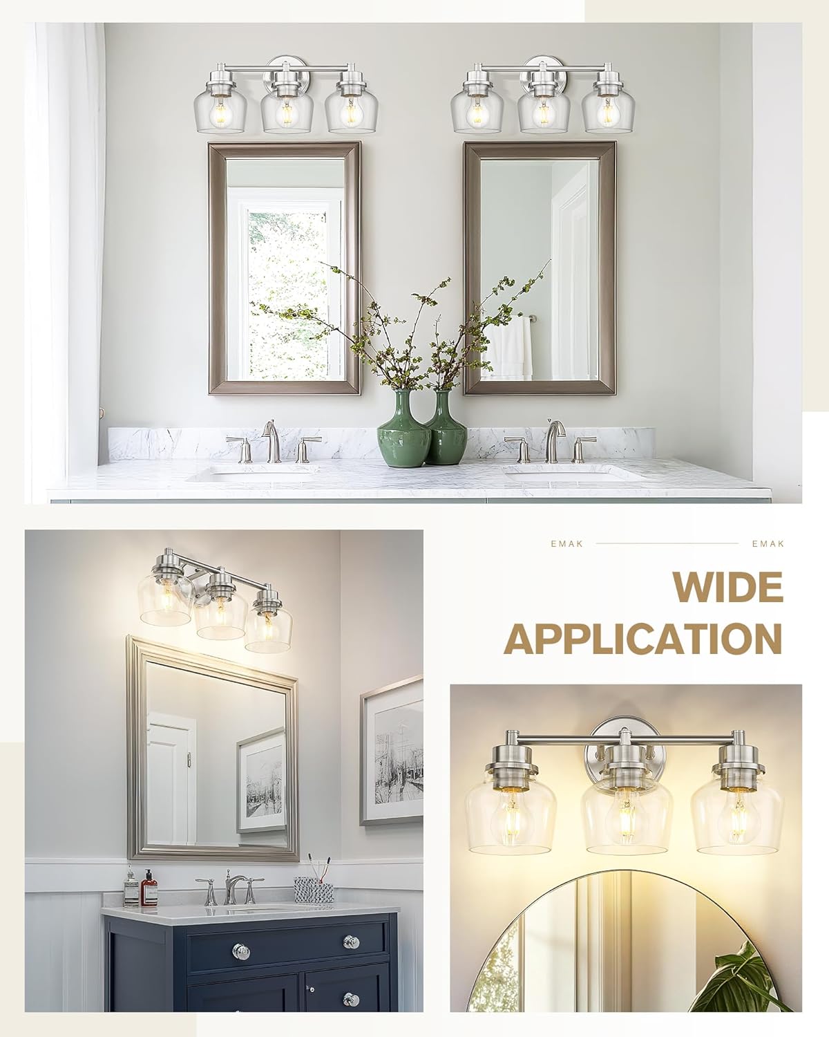 Emak Bathroom Light Fixtures Over Mirror, Brushed Nickel Vanity Light with Clear Glass Shade, 3-Light Vanity Lights for Bathroom, Mirror, Makeup Desk, VL122-BN-CG-3