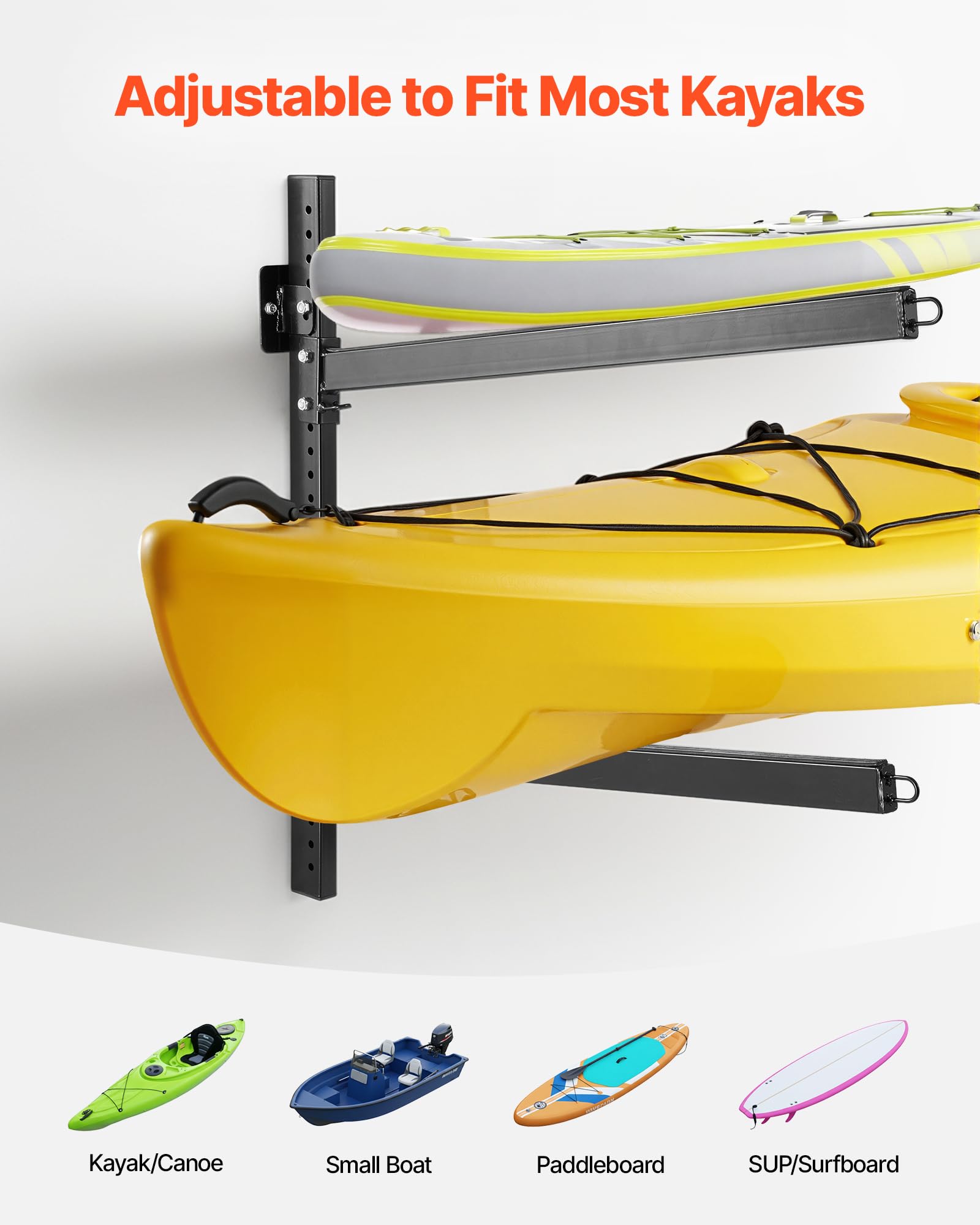 VEVOR Kajak-Aufbewahrungsregal Wandhalterung für 2 Kajaks/Kanus/Surfbretter/Paddleboards/Kleine Boote, Kajakständer mit 90,7 kg Tragkraft, Einstellbarer Kajakhalterung Lagergestell für Garage Steg