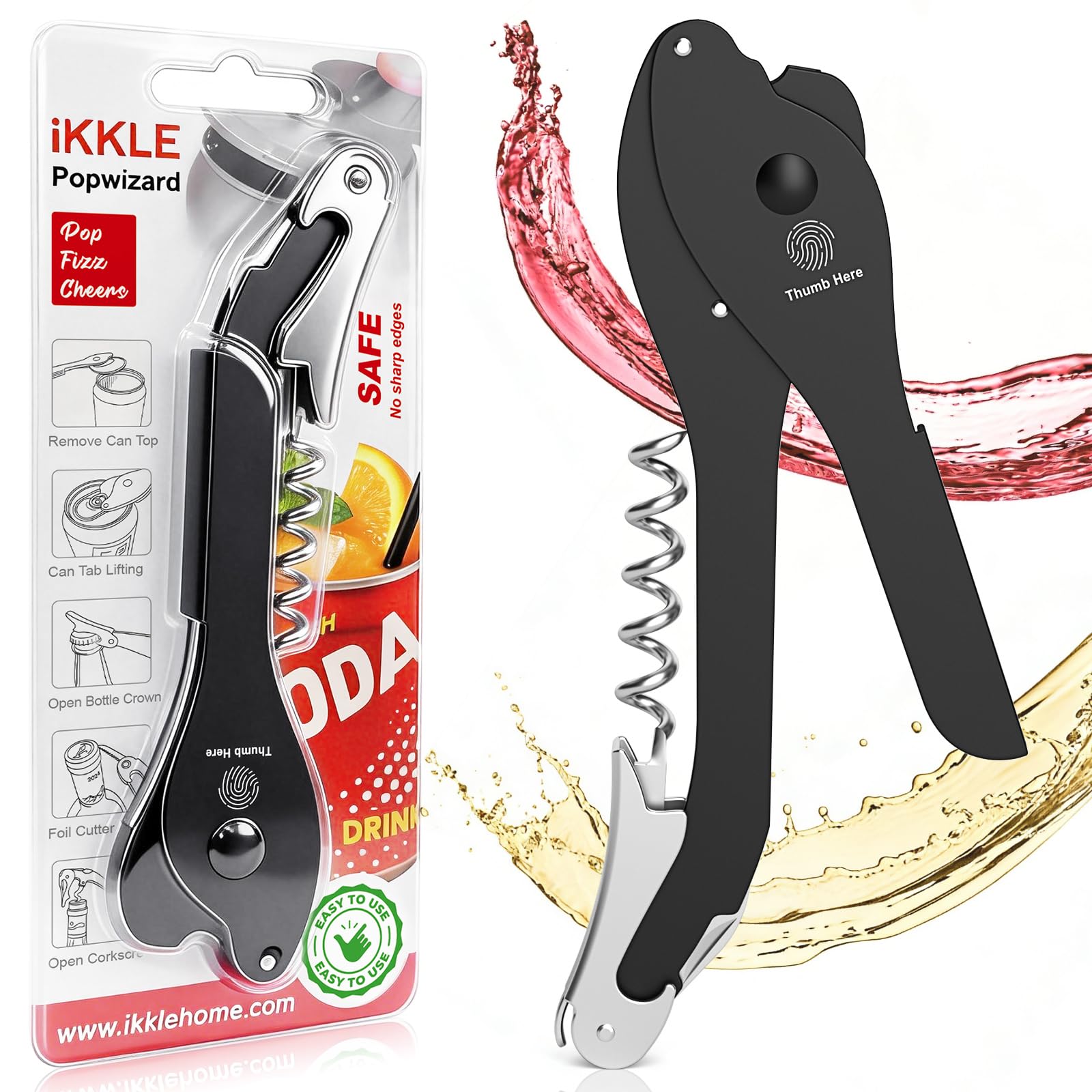 Sacacorchos 5 en 1, abrebotellas de vino con cortador de láminas, abridor de vino profesional y sacacorchos para restaurante, bar, hogar, multiherramienta sumiller (negro)
