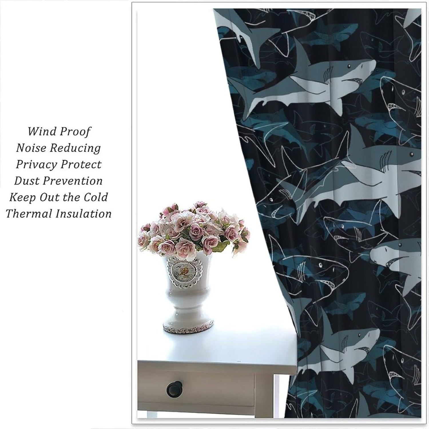 Cartoon Shark Blackout Curtains Simple Black Marine Animal Shark Line Windows Treatments Rod Pocket Drapes for Kids Boys Teenage Living Room Bedroom 42x54in