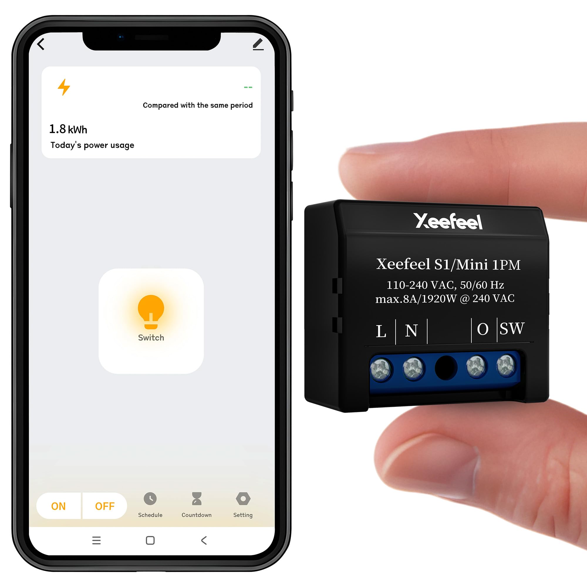 Xeefeel Mini 1PM Smart Relais Schalter WLAN & Bluetooth,1 Kanal 8A mit Strommessung,Unterputz Lichtschalter,Hausautomation,Unterstützt Alexa und Google Home Sprachsteuerung