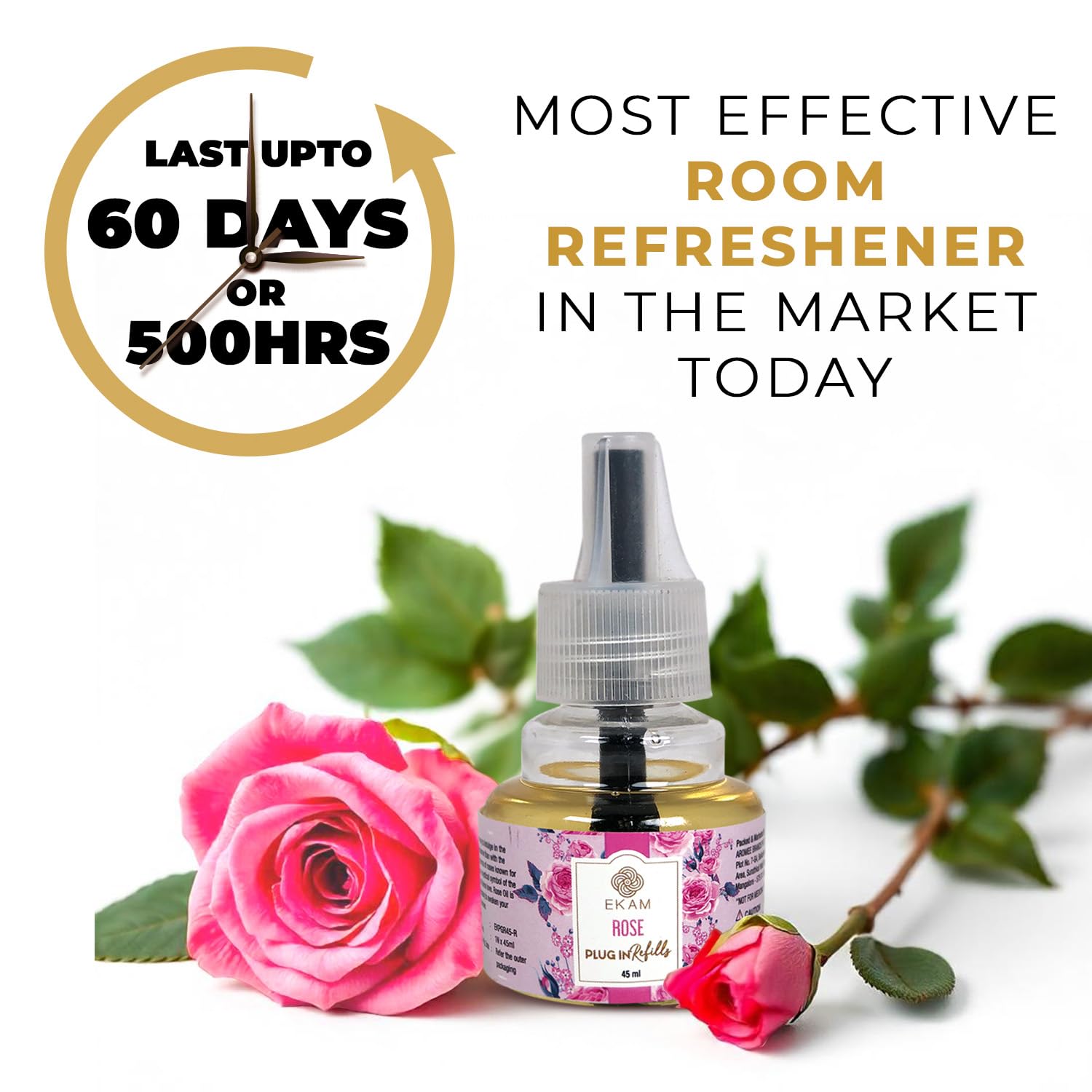 EKAM Plug-In Air Freshener Kit (Machine + 45ml Refill) | Rose Scent | Long-Lasting Aroma for 125 Days / 500 Hours | Ideal for Rooms & Bathrooms - Image 2 thumbnail