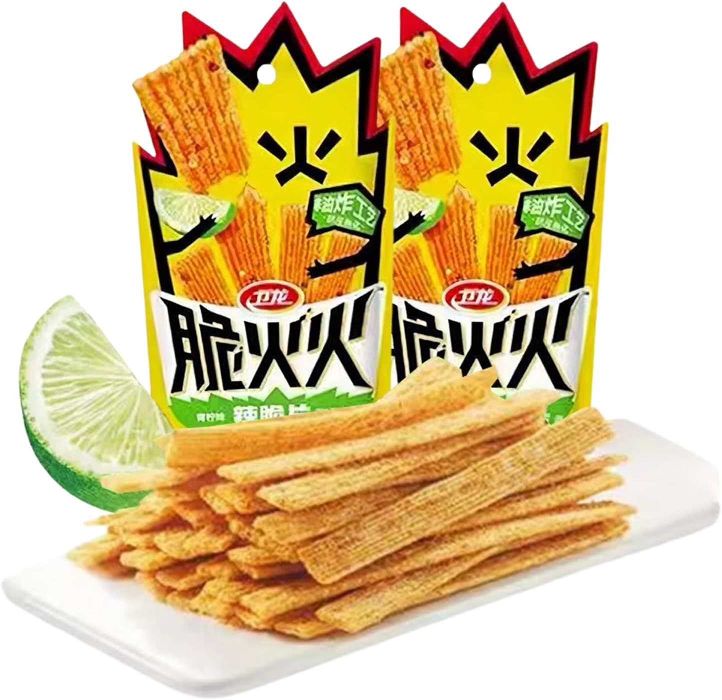 Spicy Strips - (Crispy)(Lime flavor) Spicy Gluten Latiao, Chinese Special Casual Snack Food, Made From Wheat/Chili/Spice, Low Sugar and Low Calories, Best Vegan, 45g (Pack of 2)