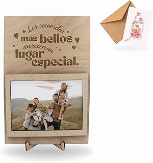 ayurvana Pack Regalo San Valentín - Marco Fotos Madera Personalizado con Postal o Detalle (Imán o Llavero) - Cuadro Original Pareja, Novios o Madre - Decoración Artesanal Formato Exclusivo 13x9