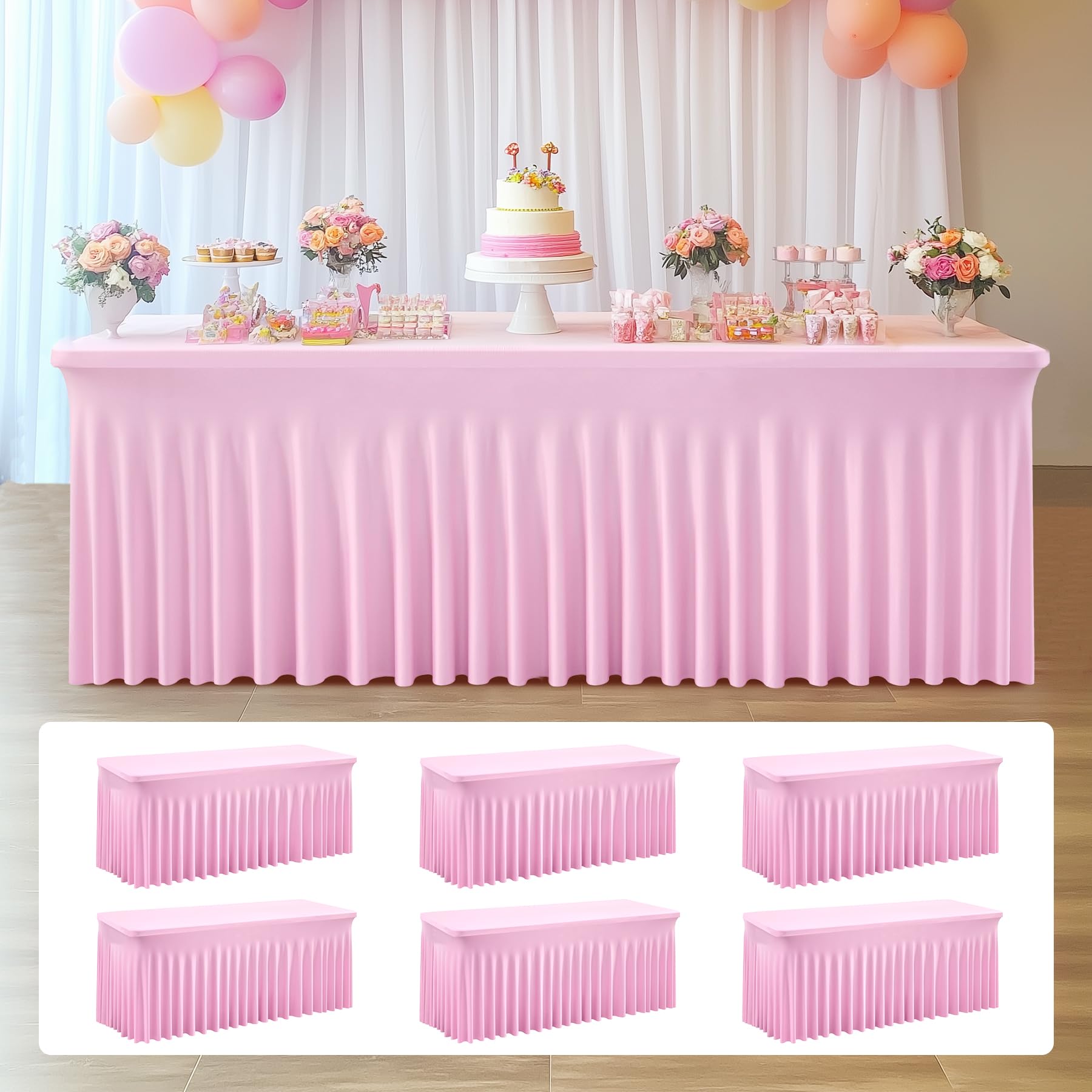 NSSONBEN 6 Pack Baby Pink Spandex Skirted Table Cloth for 6 Foot Rectangle Tables, Wrinkle Free High-Stretch Fitted 6ft Pink Tablecloths, Decor Parties Weddings Birthday Banquet Spandex Table Cover