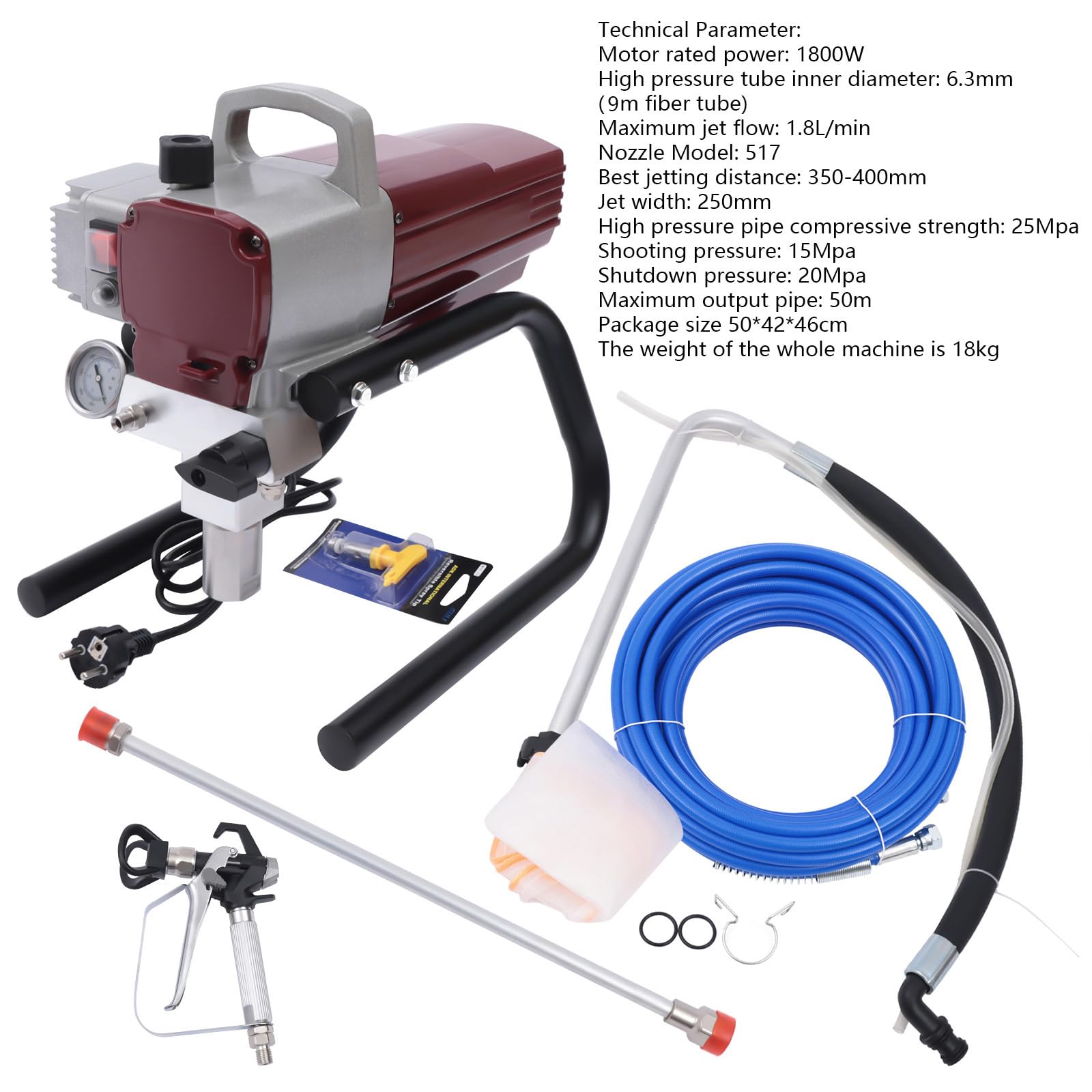 Airless-FarbspritzgeräT, 1800W Airless FarbsprüHgeräT Mit 10M Hochdruckrohr & Spritzpistole, Airless SpritzgeräT FarbspritzgeräT Elektrische Farbspritzmaschine FüR Innen- Und AußEnwandbeschichtung