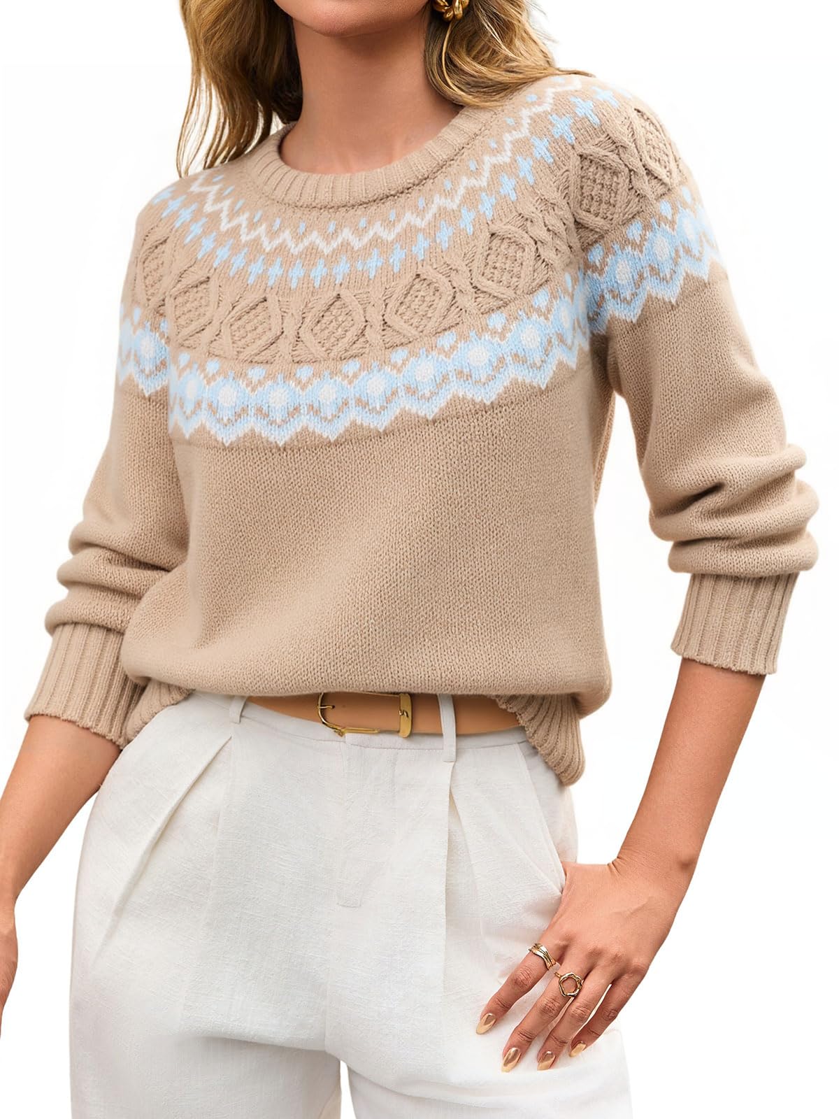 Womens Cropped Sweater Trendy 2025 Long Sleeve Crewneck Fair Isle Sweaters Chunky Knit Pullover Tops Fall Outfits