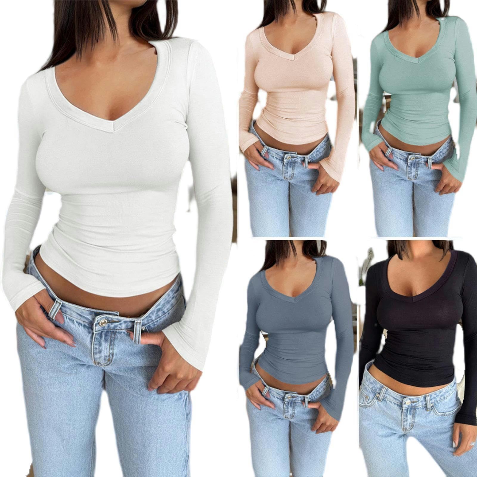 Blusa de Manga Larga con Escote en U para Mujer, Estilo Primavera-Verano, Color Verde Claro, Talla M