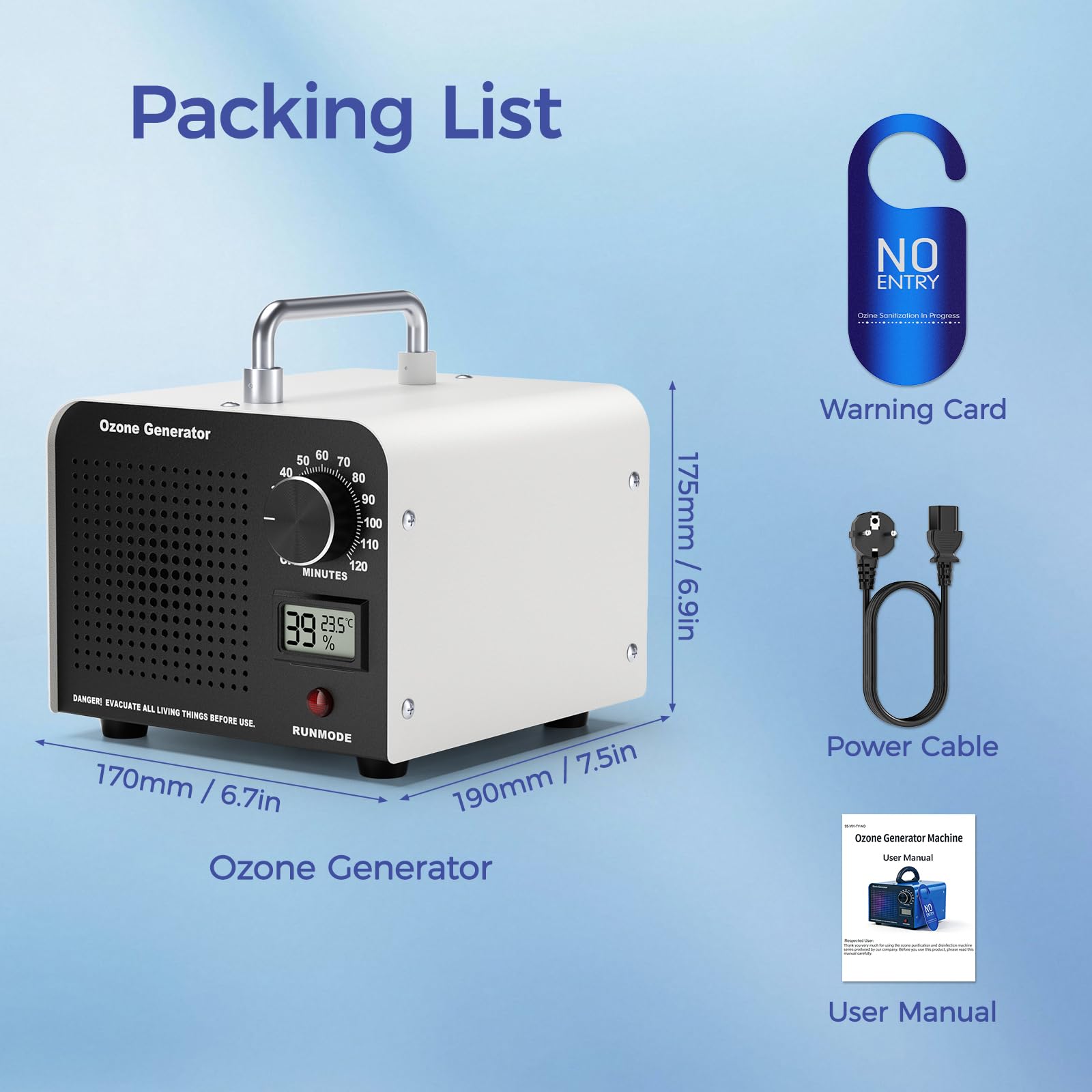 Hochleistungs Ozongenerator 60000 mg/h, Luftreiniger, mit Temperatur- und Luftfeuchtigkeitsanzeige, 120-Minuten Timer für 320㎡ Raum für Zuhause, Auto, Büro, Garage, Rauch, Haustiergerüche