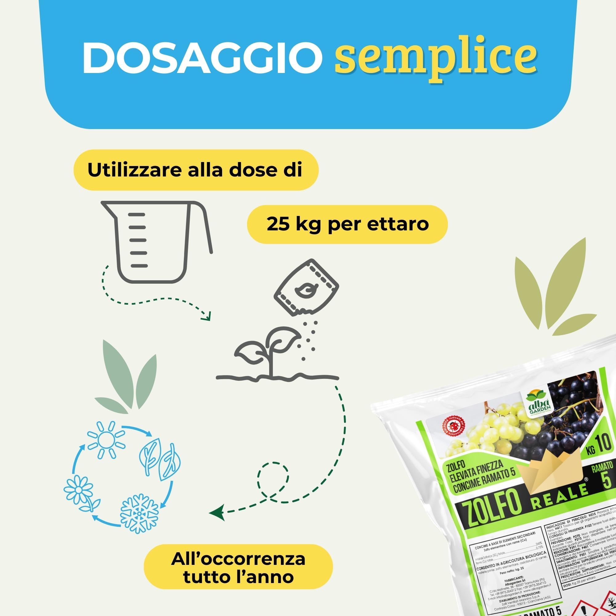 Albagarden - Zolfo Ramato in Polvere x 10 Kg, Concime a Base di Zolfo + Ossicloruro di Rame - Biologico, Contro Oidio Mal Bianco Peronospora Ticchiolatura