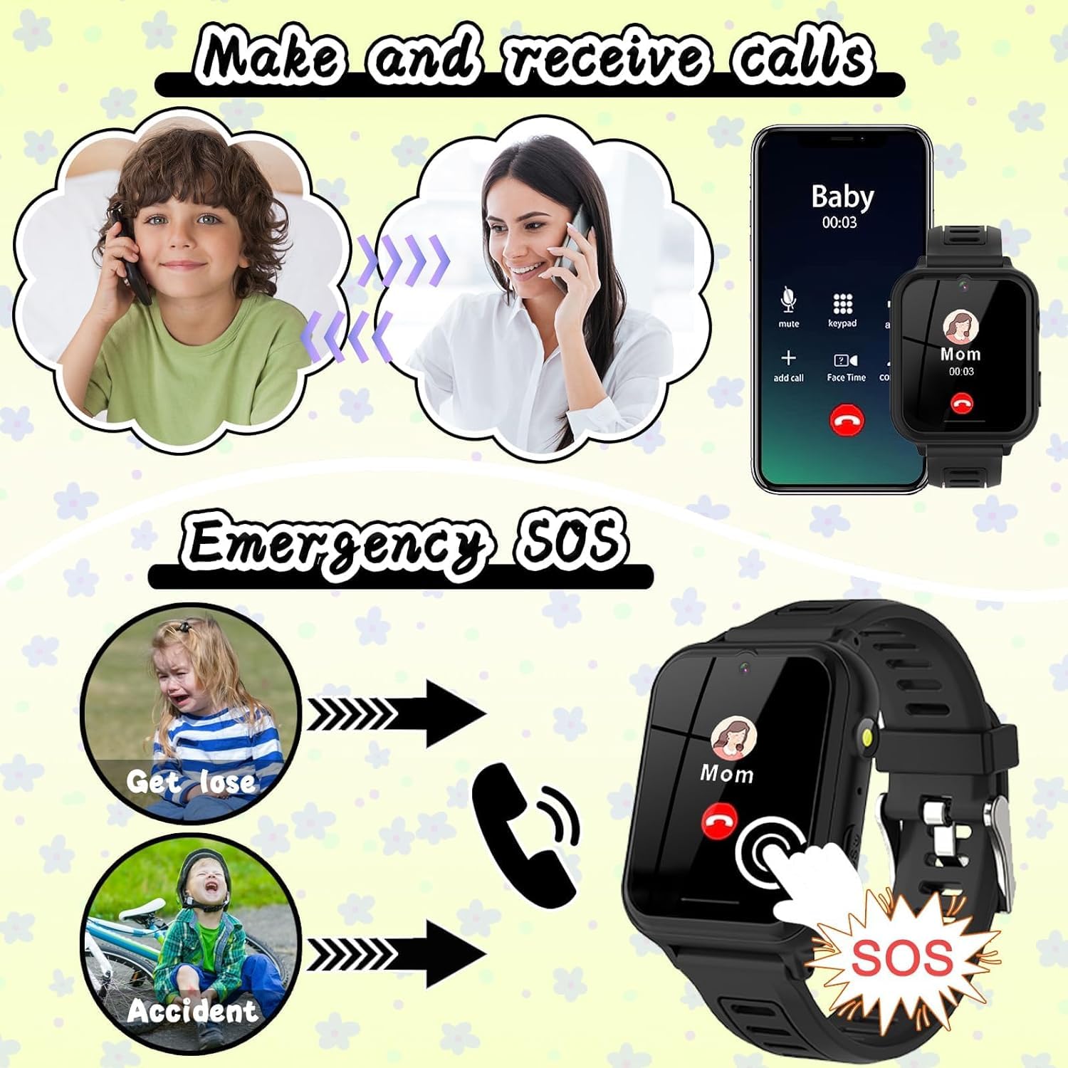 Montre Connectée Enfant Garçons Filles, Montre Intelligente Enfant avec SOS Appeler,14 Jeux HD Caméra & Lecteur Vidéo Musique Torche, Cadeaux pour Enfants 3-12ans (Noir)