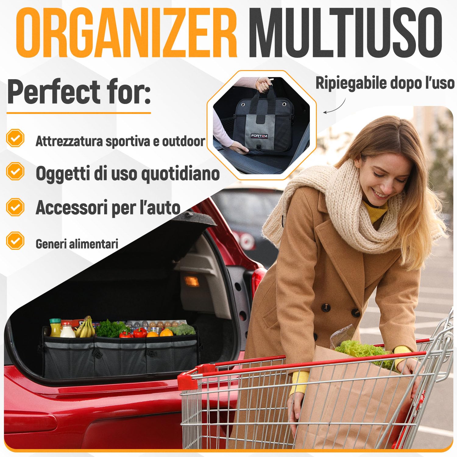 FORTEM Organizzatore Baule SUV, Contenitore Pieghevole Multi Scomparti, Accessori Auto Uomo Donna, Tessuto Oxford 1680D, Fondo Antiscivolo, Cinghie Regolabili, Coperchio Morbido (90L)