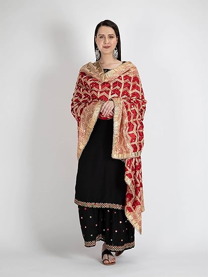 Moda Chales Red Multicolour Phulkari dupatta with Heavy Lace