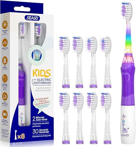 Miniatura 9 de SEAGO Cepillo de dientes eléctrico para niños con temporizador de cepillado de 2 minutos y 8 cabezales de repuesto para quemaduras, luz LED arcoíris