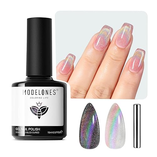 Miniatura 9 de modelones Cat Eye Rainbow Gel Nail Polish Silver Glitter Holographic Glass 9D Cat Eye Gel Polish with Magnet Stick Soak Off U V Nail Lamp Summer Ojo