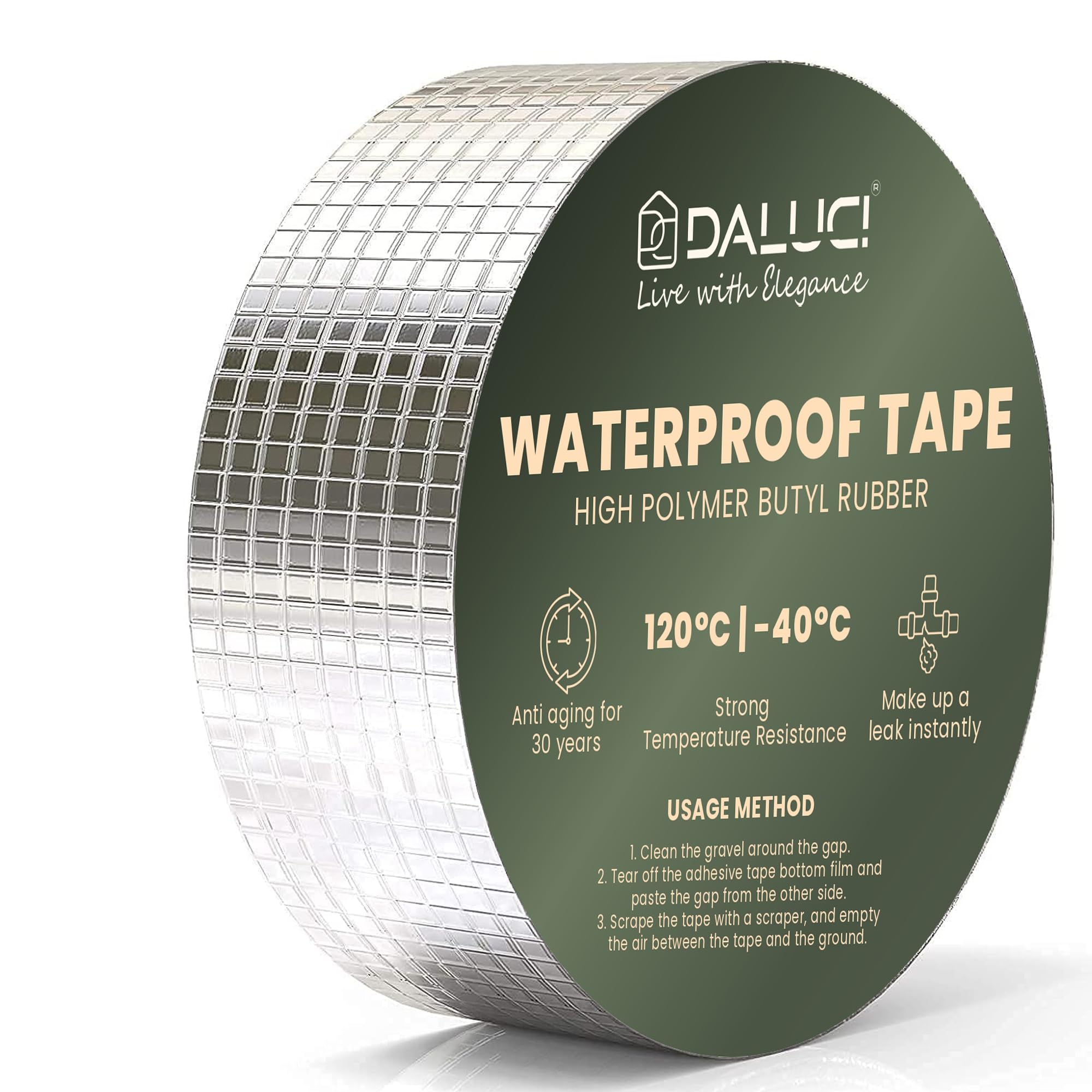 DALUCI Super Strong Waterproof Butyl Tape for Leakage Repair – Self Adhesive Heavy Duty Aluminum Foil Tape for Roof Waterproofing, Water Leakage, Pipe, Wall & Tank Sealing (Silver, 2 Inch (5CM*5M))-image-44