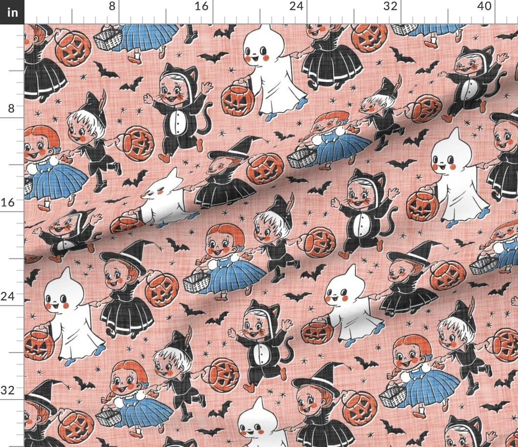 Spoonflower Fabric - Retro Halloween Whimsical 1950S Ghost Pumpkin Witch Bats Jack O Printed on Petal Cotton Fabric Fat Quarter - Sewing Quilting Apparel Crafts Decor