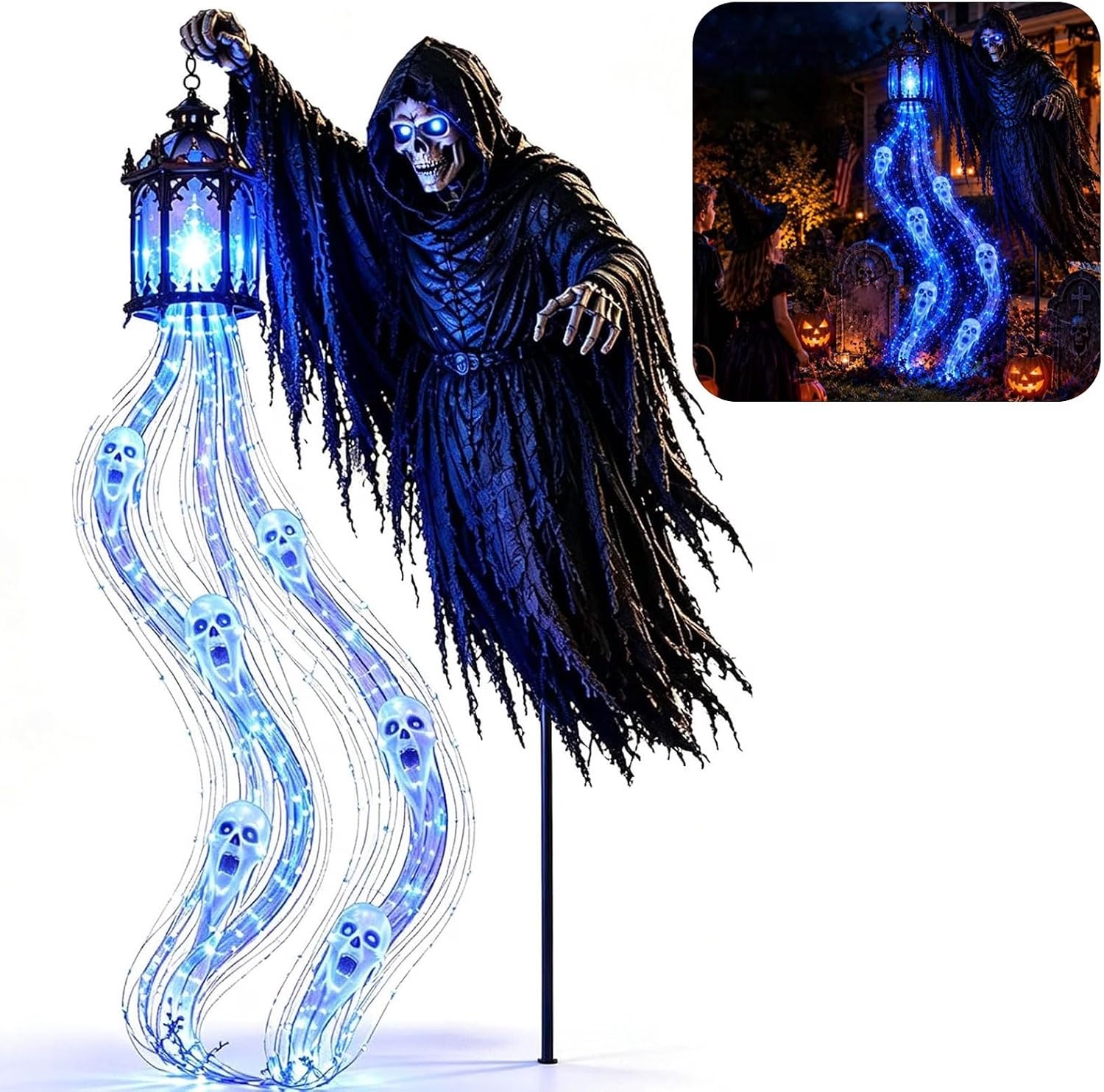 Halloween Witch Cauldron, Halloween Solar Garden Lights Solar Watering Can Light Waterproof Witch Potion Waterfall Garden Lamp, Outdoor Decor for Patio, Lawn, Pathway (Blue, 90cm)
