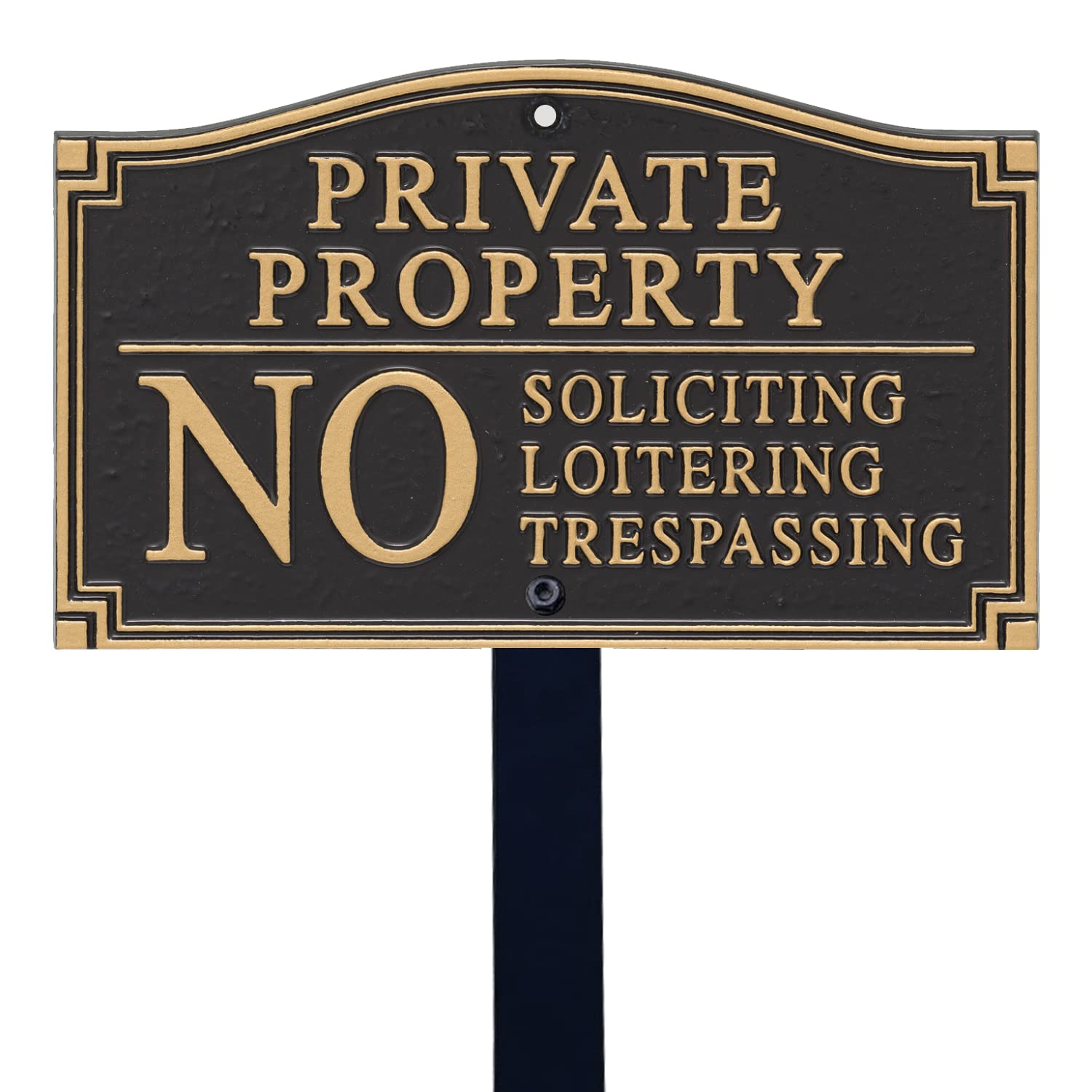 SmartSign Private Property Sign for Yard, No Soliciting Loitering Trespassing Garden Plaque | 5.75" x 9.5" Aluminum Plaque with 18" Black Lawn Stake, Made in USA