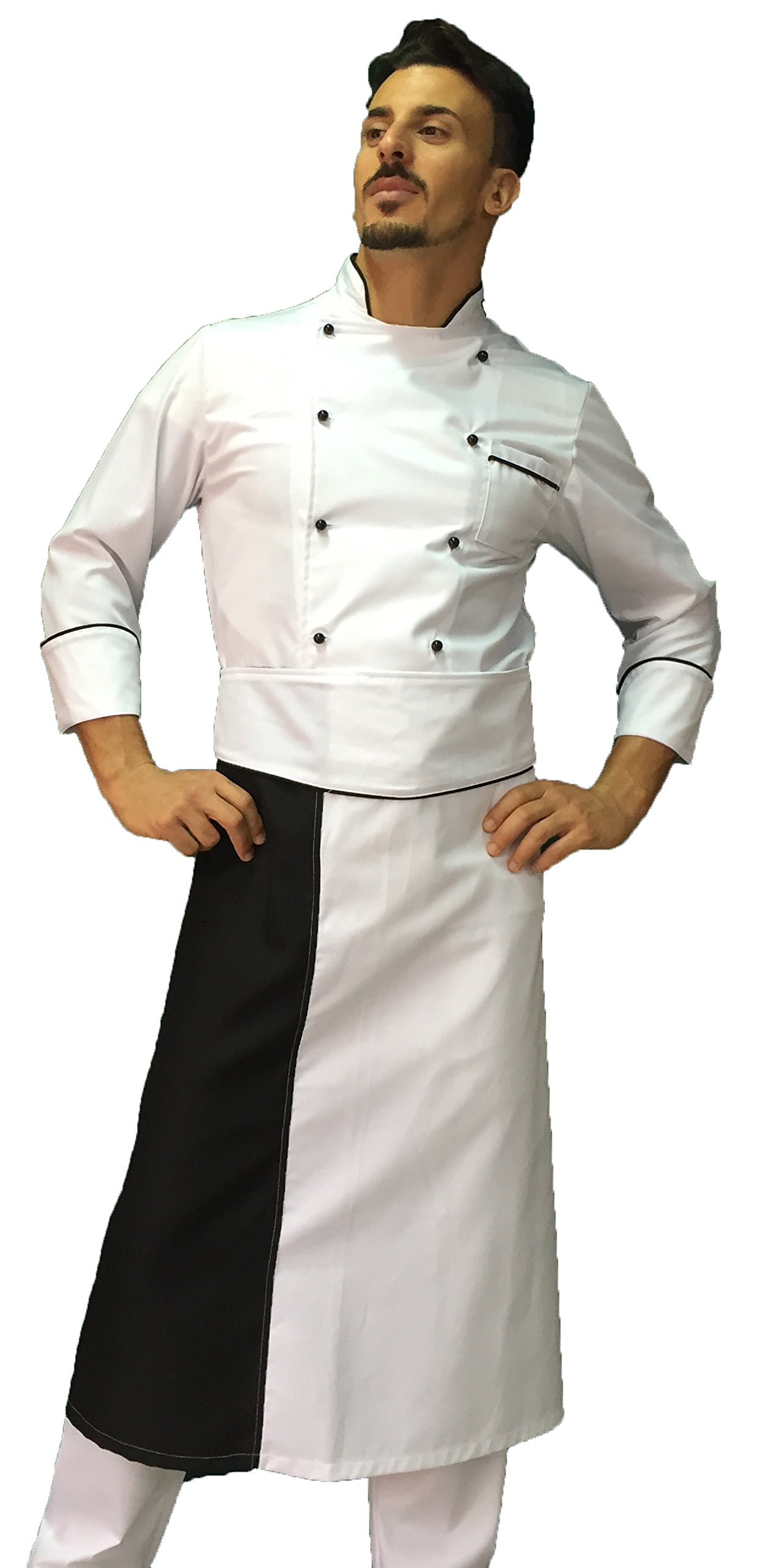 Ricamo Gratuito - Completo Cuoco Uomo - Bianco, Nero - Divisa Chef - Giacca, Pantaloni e Grembiule - 100% Cotone - Uniforme per Cucina e Ristorante