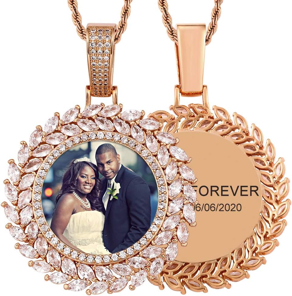 TUHE Custom Picture Necklace Personalized, Customized with Text Engraving & Photo Pendant Necklaces, Gold Plated Diamond Round Angle Wings Heart Hip Hop Chain Necklace for Men Women Memory Necklace
