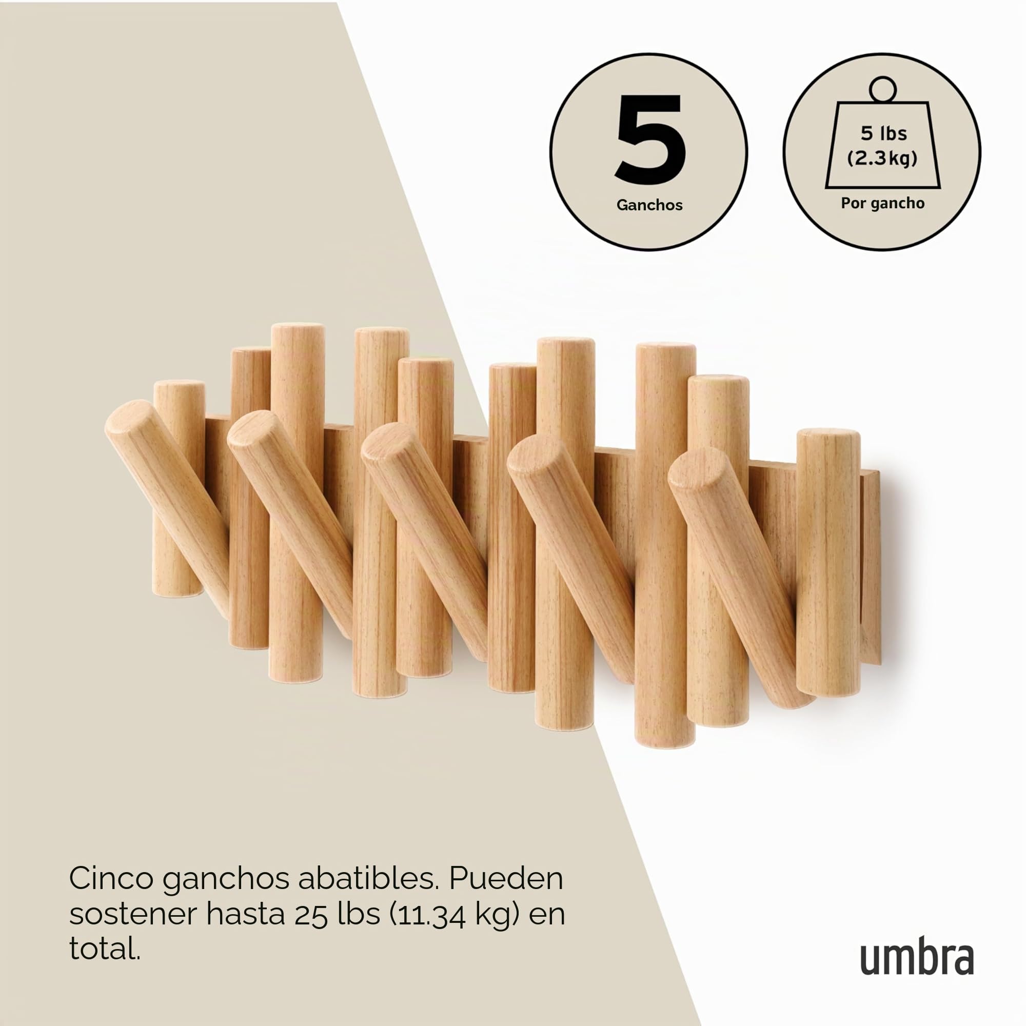 Umbra Picket Percha de Pared con 5 ganchos extraíbles, Natural